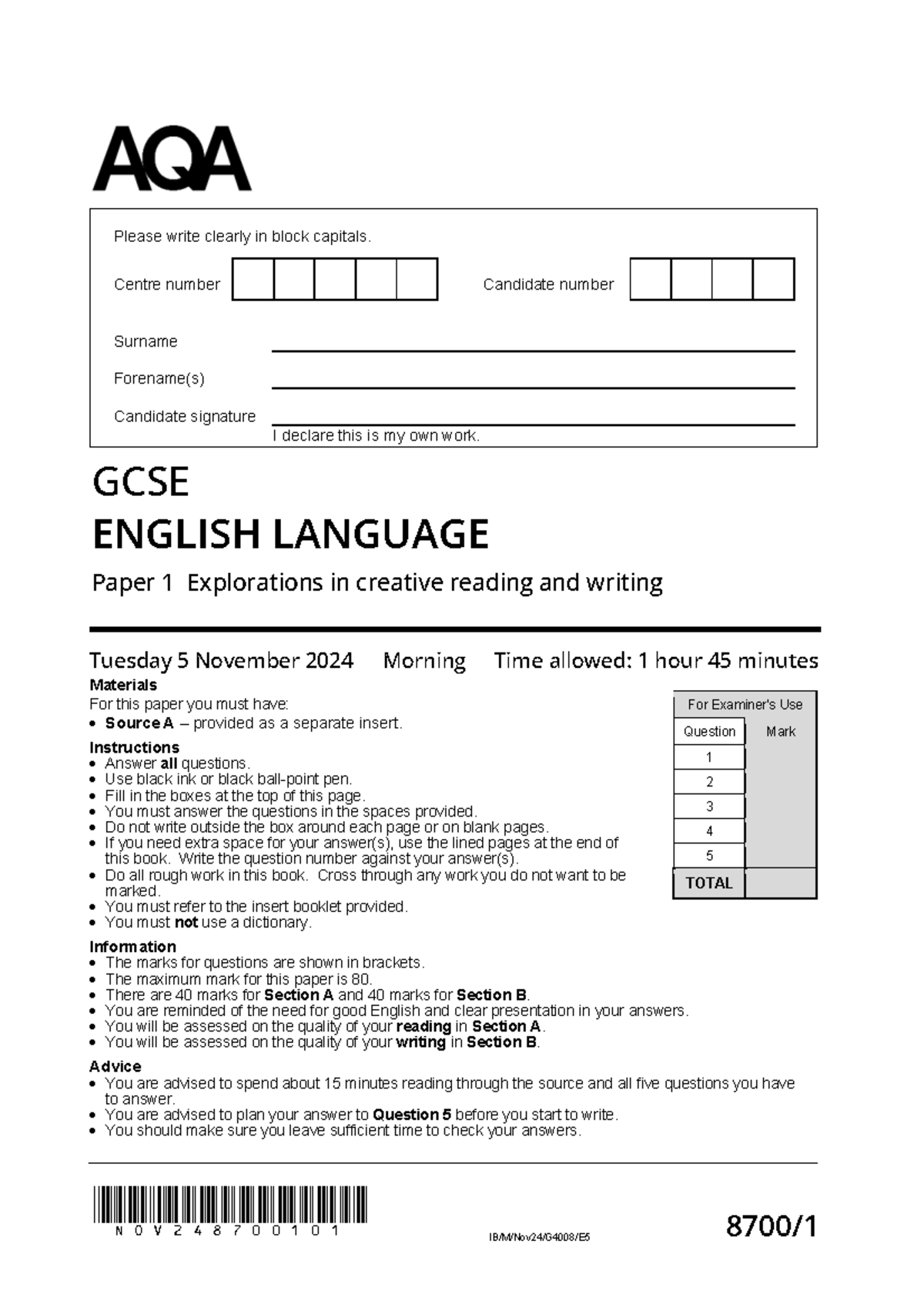 GCSE ENGLISH LANGUAGE Paper 1: Creative Reading & Writing Exam Guide ...