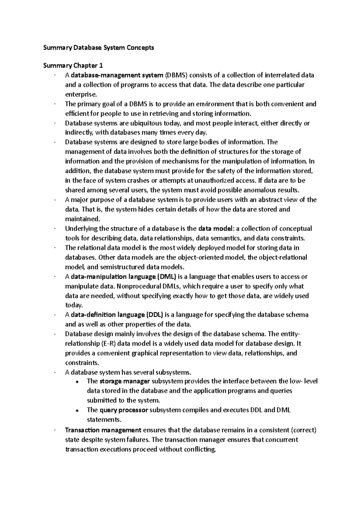 Summary of Database System Concepts: Chapters 1, 6, and 7 - Studeersnel