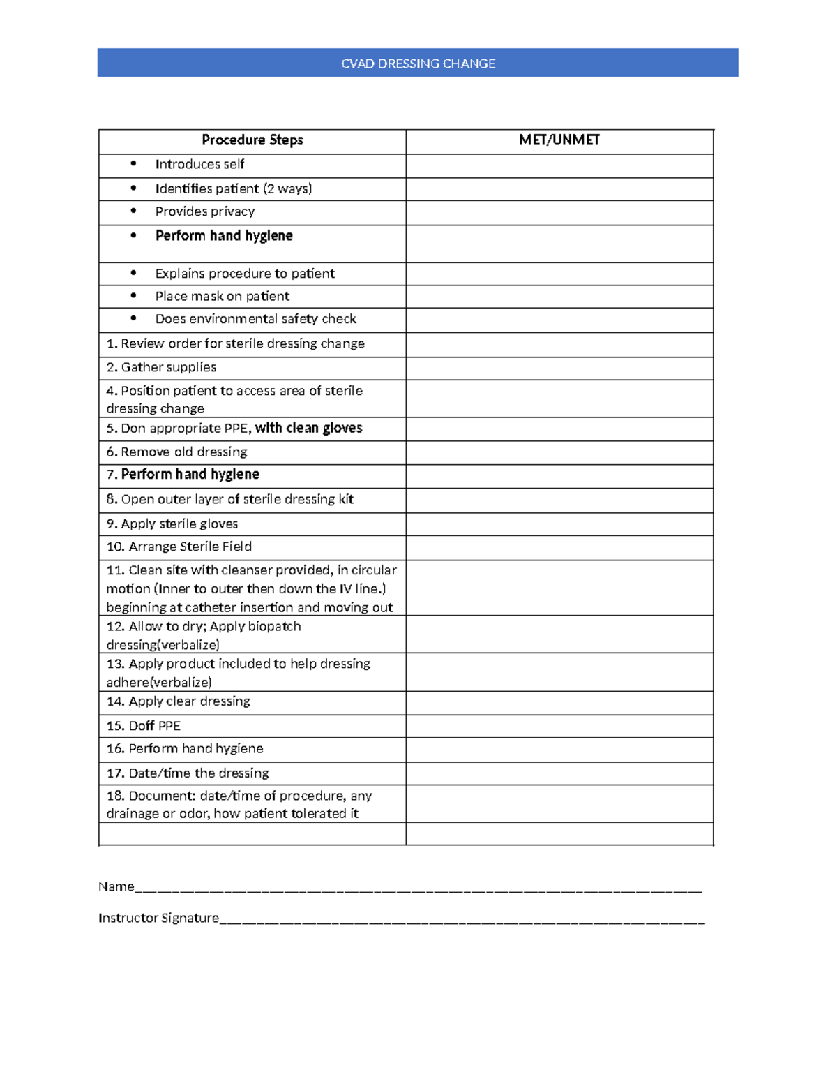 CVAD DRESSING CHANGE Procedure Steps & Check Off Guide - Studocu