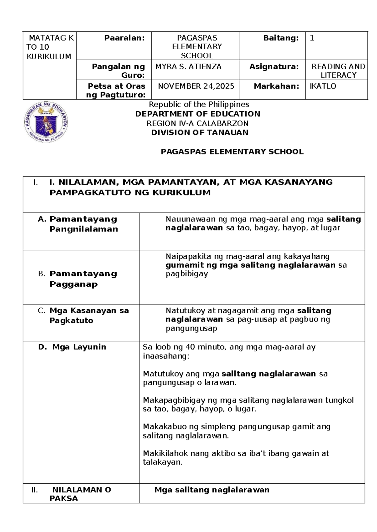 MATATAG K to 10 Curriculum Detailed Lesson Plan: Reading & Literacy ...