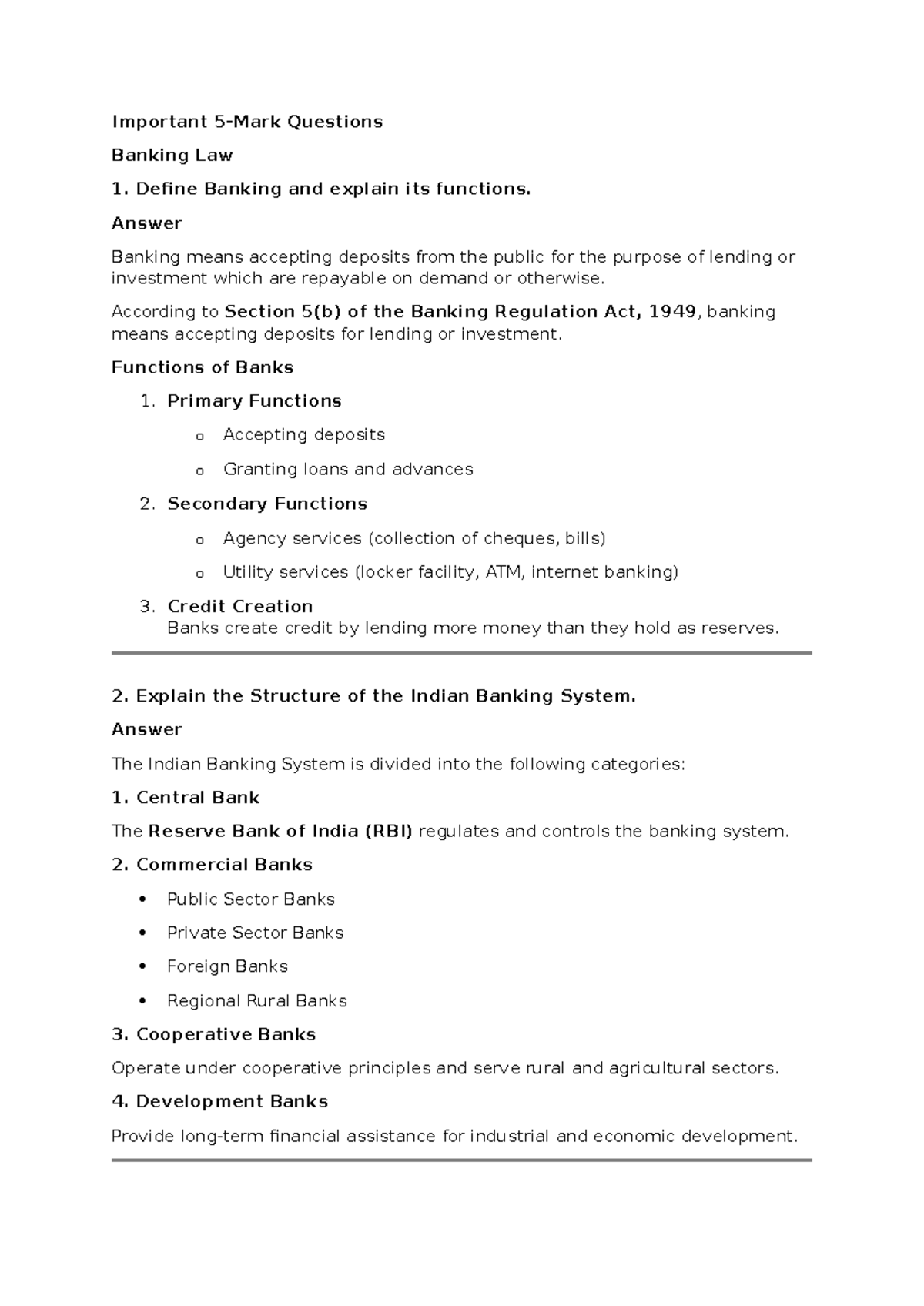 Banking Law Notes: Key Concepts and Important Questions - Studocu