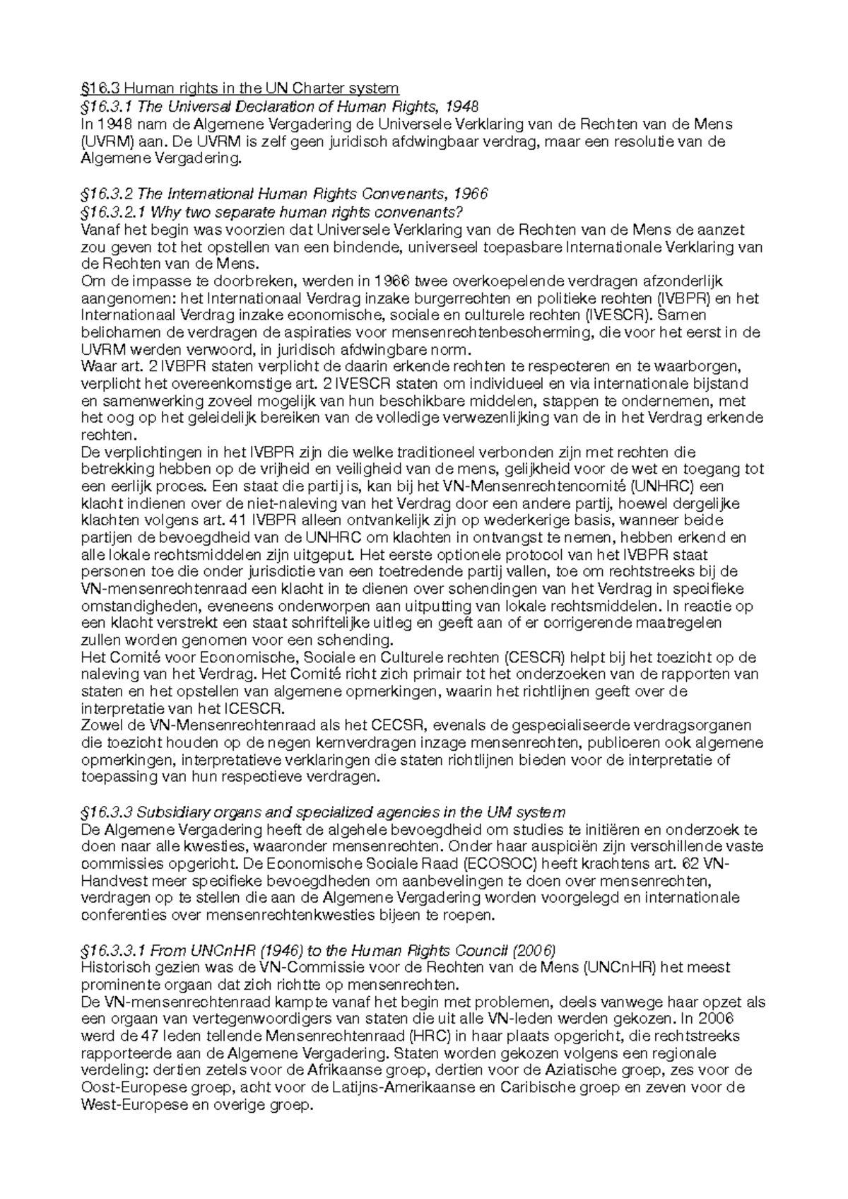 Hoofdstuk 16.3: Mensenrechten in het VN-Handvest en de UVRM - Studeersnel