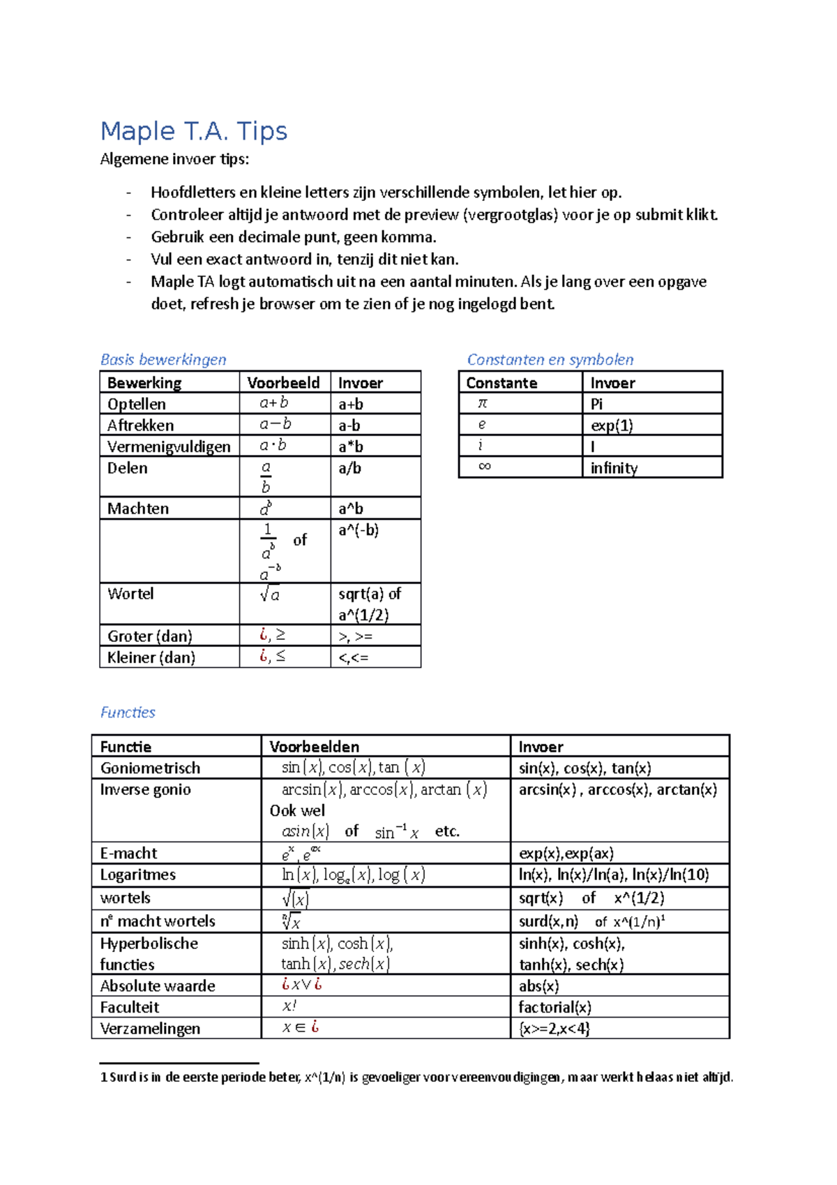 Maple T.A. Basisinvoer Tips en Voorbeelden voor Mobius Programma ...