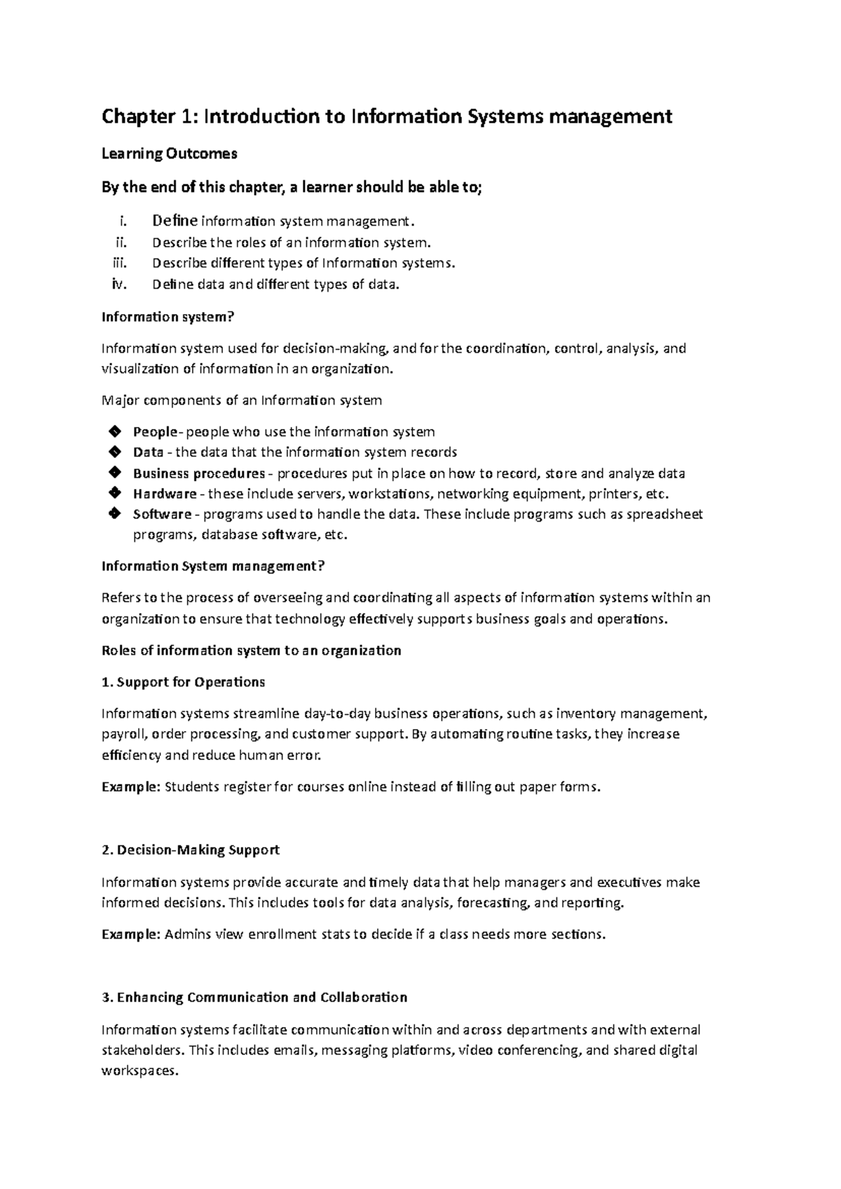 Chapter 1: Intro to Info Systems Management & Learning Outcomes - Studocu
