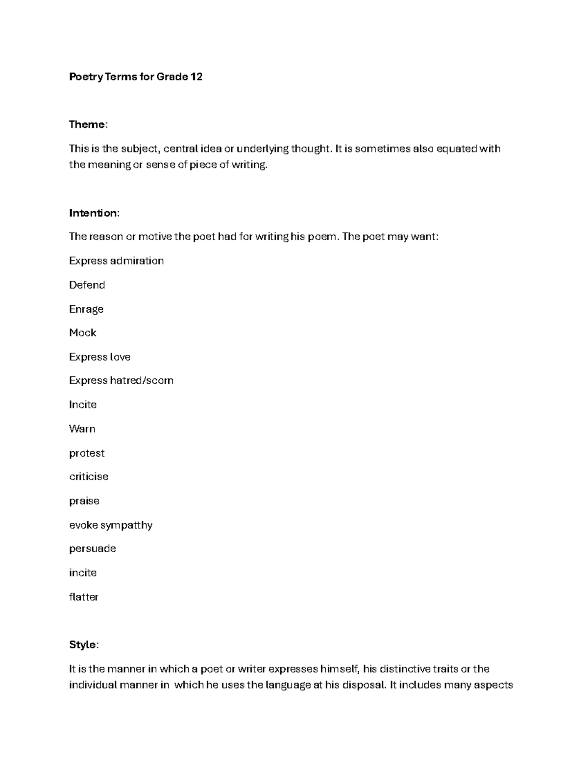 Grade 12 Poetry Terms: Key Concepts and Definitions for Analysis - Studocu