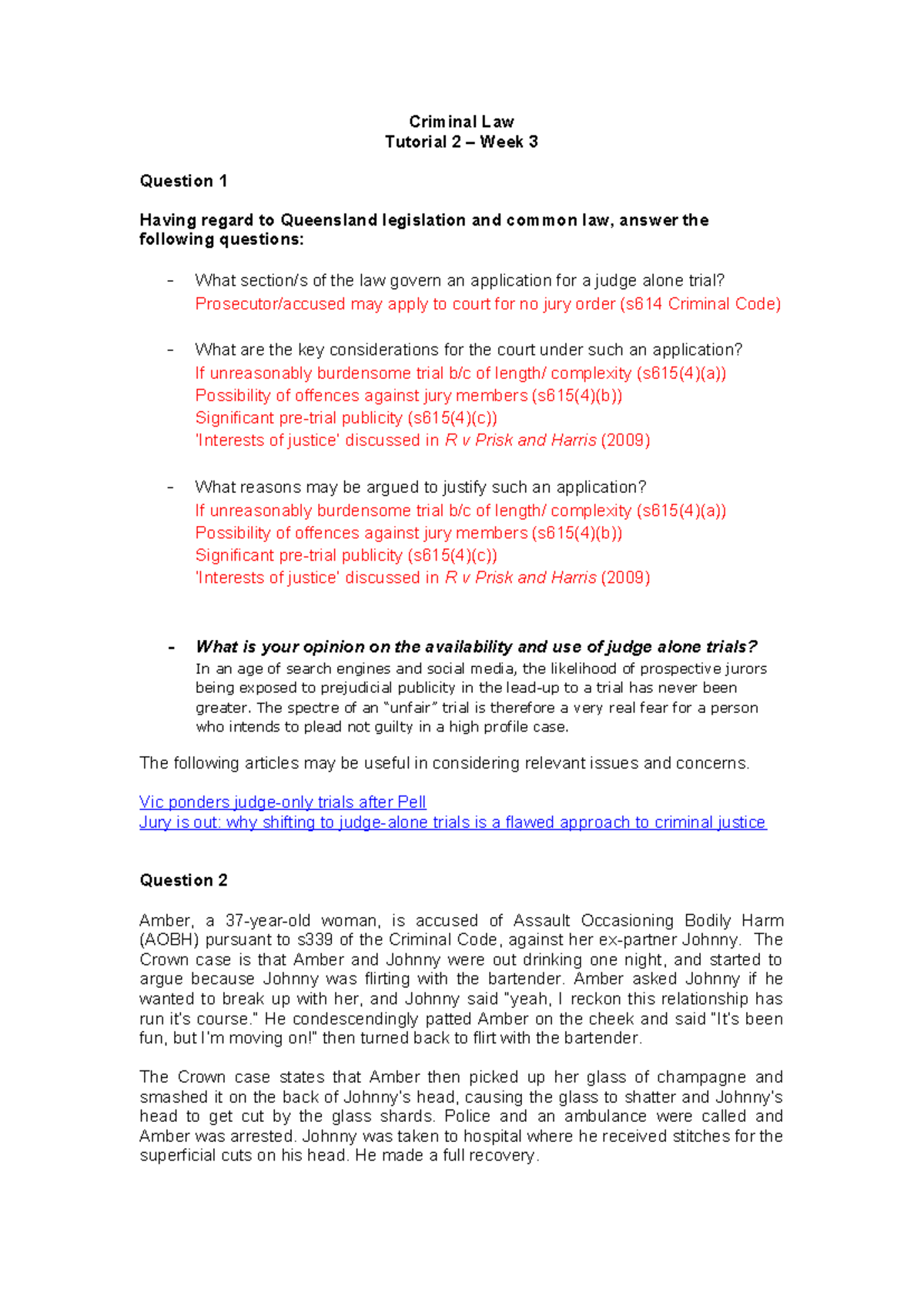 Criminal Law Tutorial 2 - Week 3 Analysis and Key Questions - Studocu
