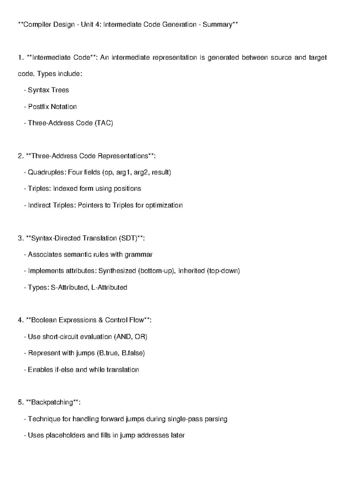 Unit 4: Compiler Design - Intermediate Code Generation Summary - Studocu
