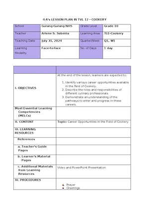 TVL 12 Cookery Lesson Plan - Perform Mise en Place (Aug 1, 2024) - Studocu