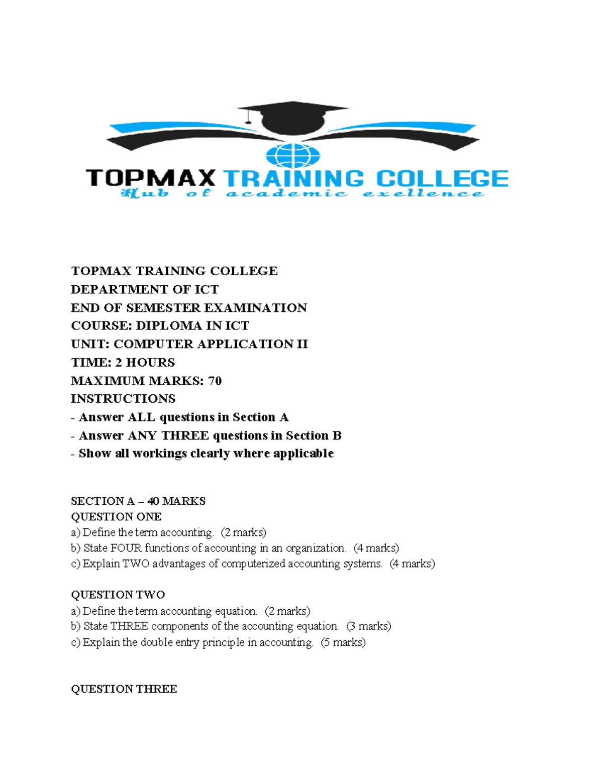 Diploma in ICT: Computer Application II End of Semester Exam - Studocu