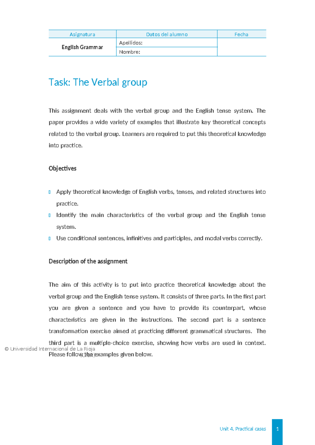 Verbal Groups Activity: English Grammar Assignment (UNIR) - Studocu