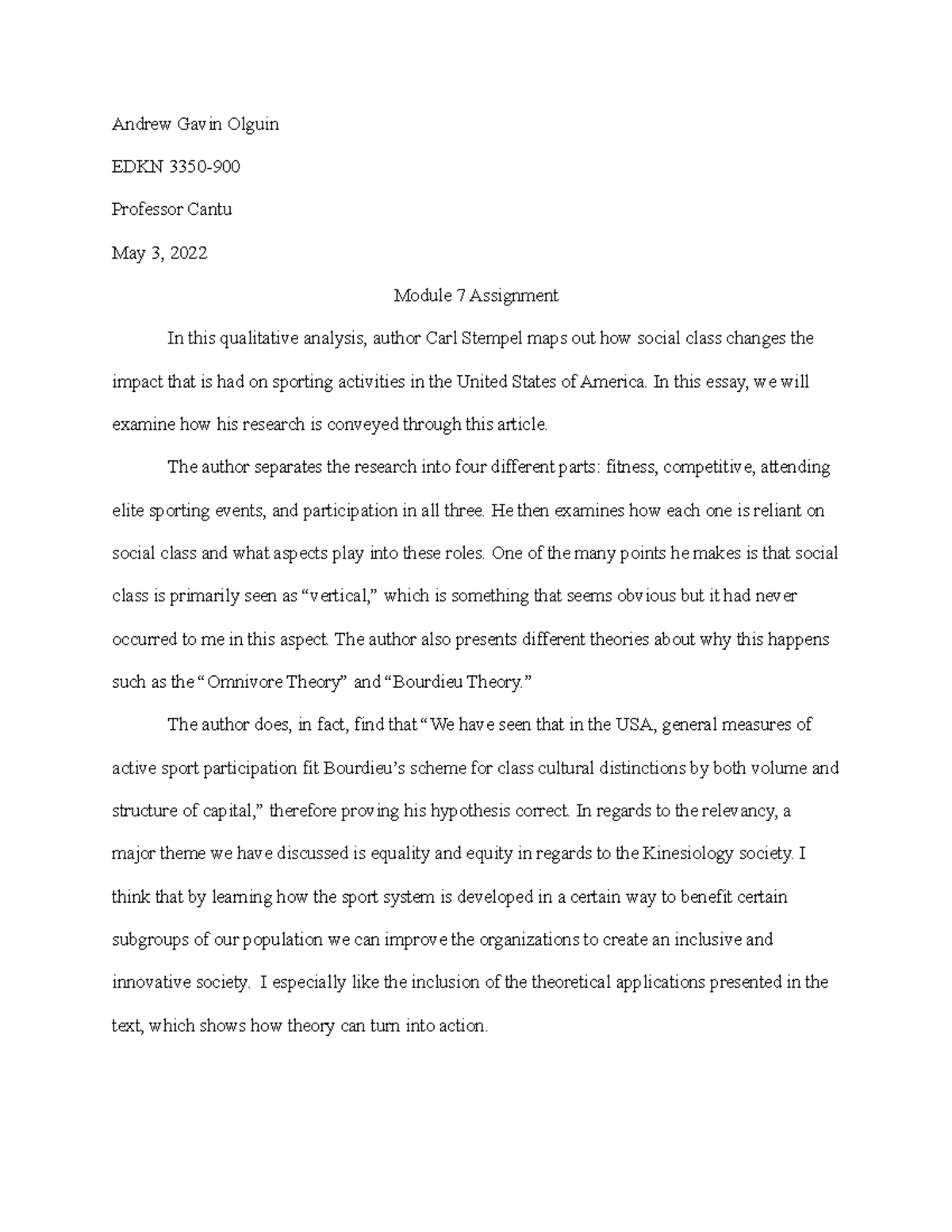 EDKN3350-Module 7 Assignment: Social Class and Sports in the USA - Studocu