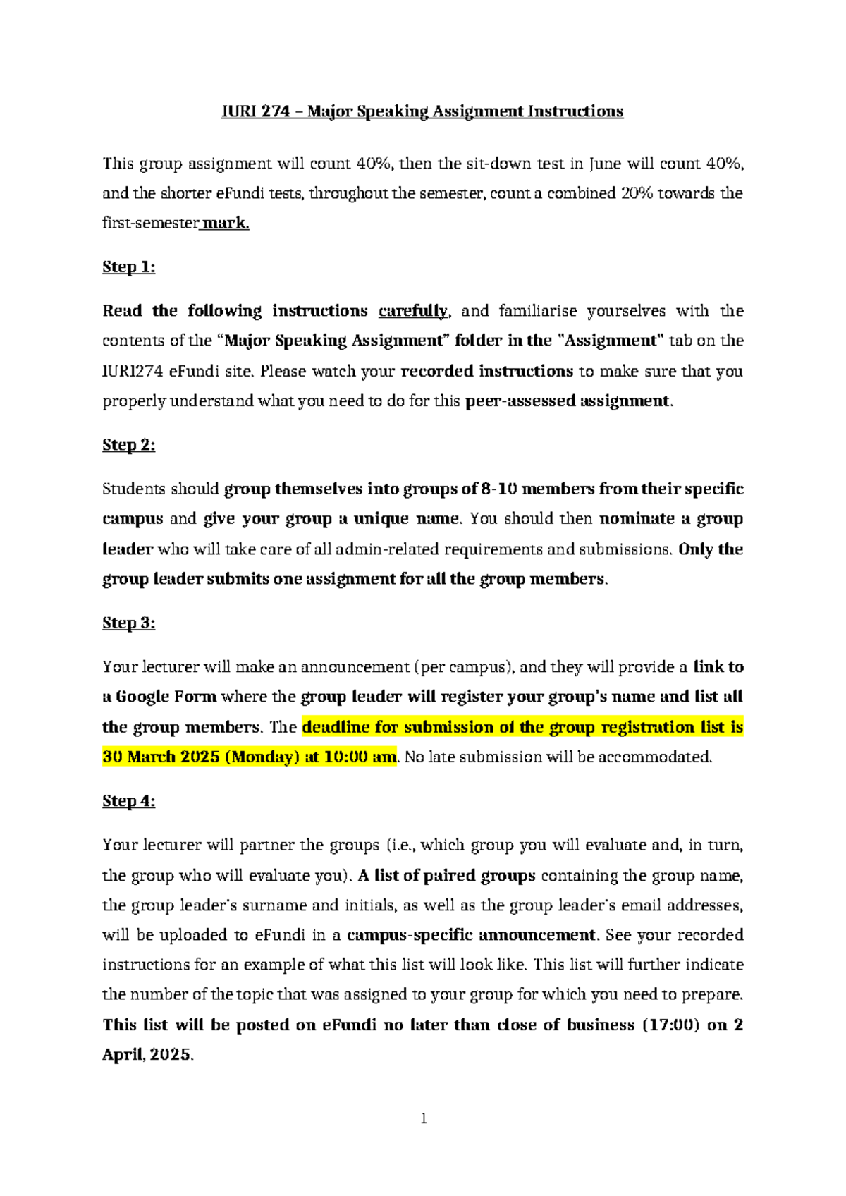 IURI 274 Major Speaking Assignment Guidelines for 2025 - Studocu