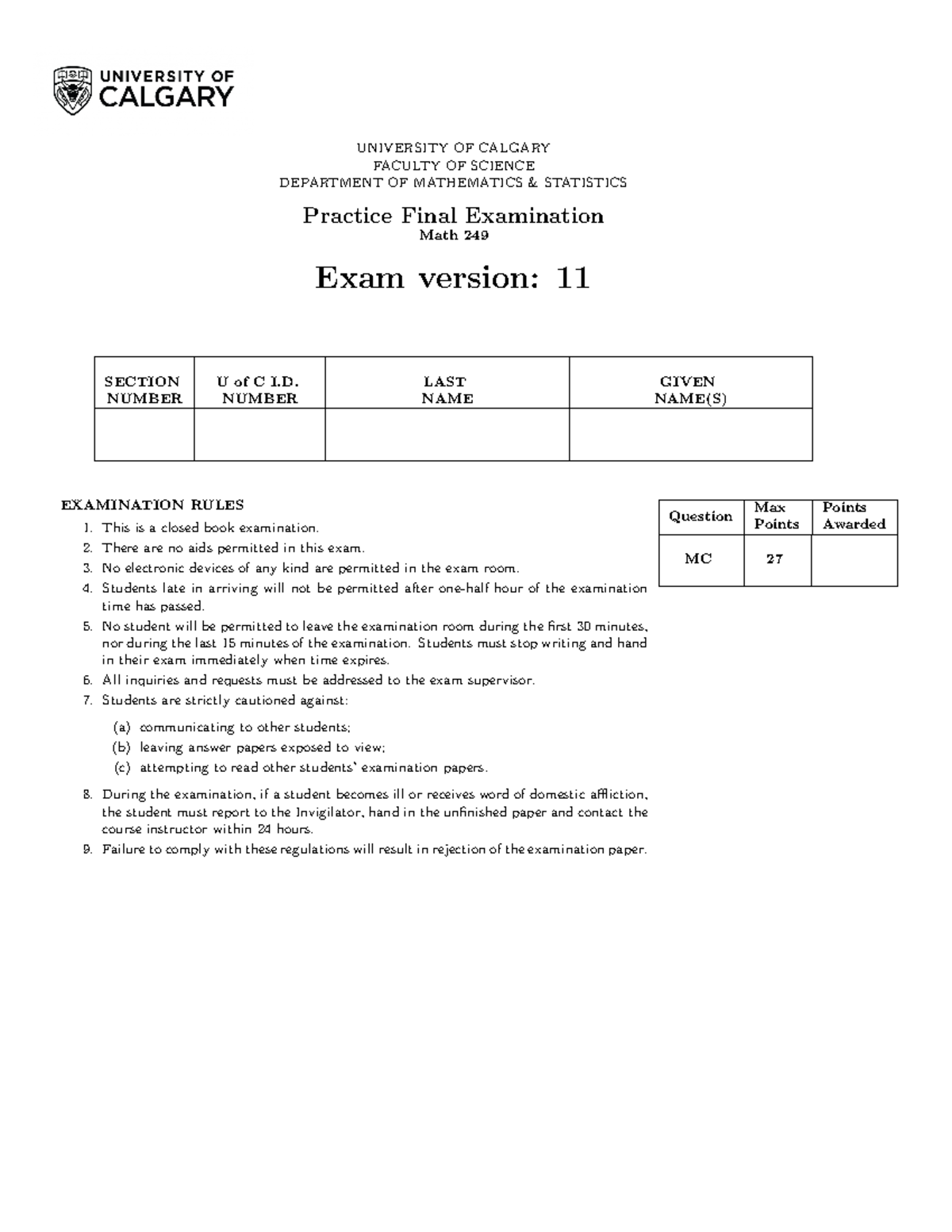 Practice Final Exam Version 1 KEY - UNIVERSITY OF CALGARY FACULTY OF ...