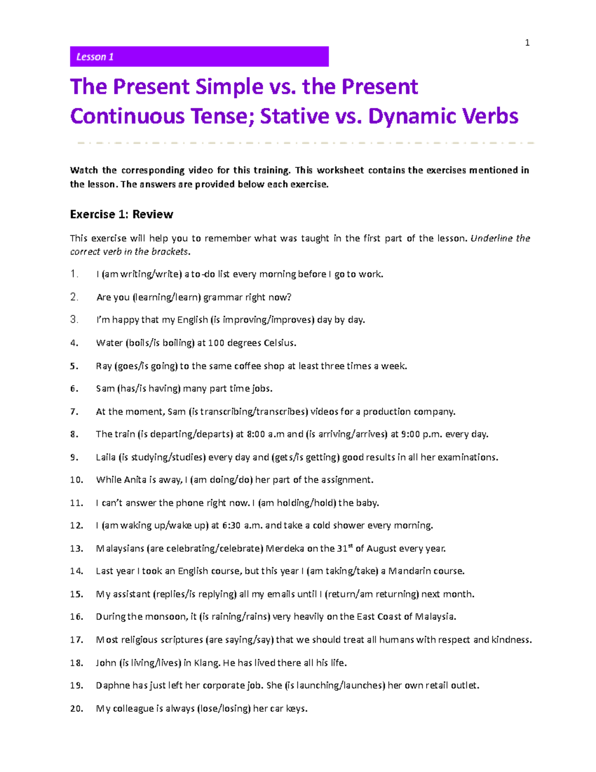 Worksheet - Lesson 1: Present Simple vs. Present Continuous Tense - Studocu