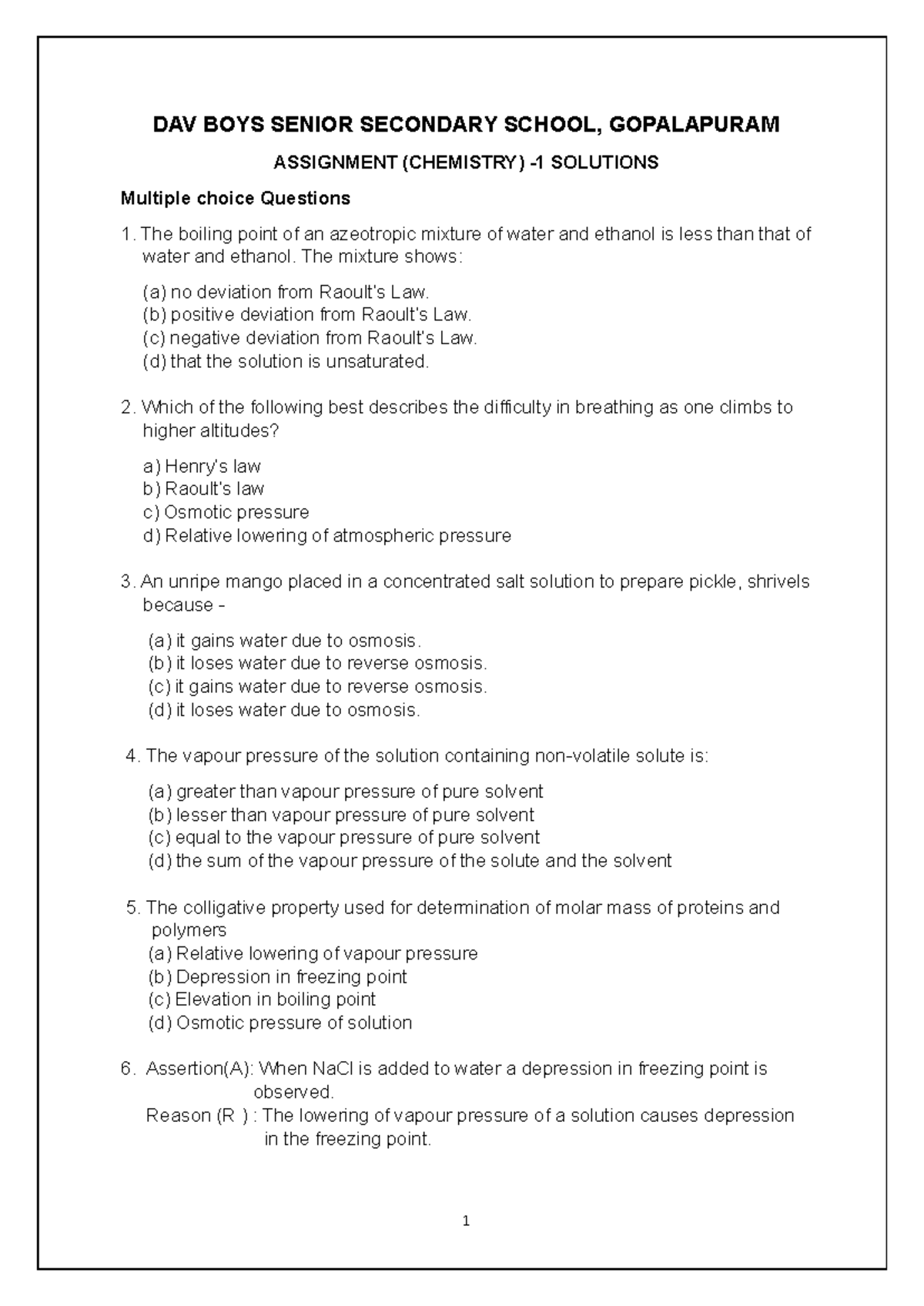 Class 12 Chemistry Assignment Solutions: Multiple Choice Questions ...