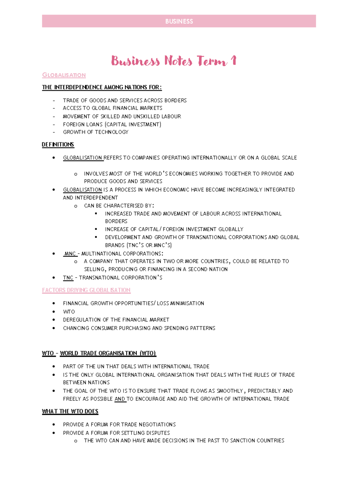 BUSINESS 101: Term 1 Notes on Globalisation and Its Impacts - Studocu