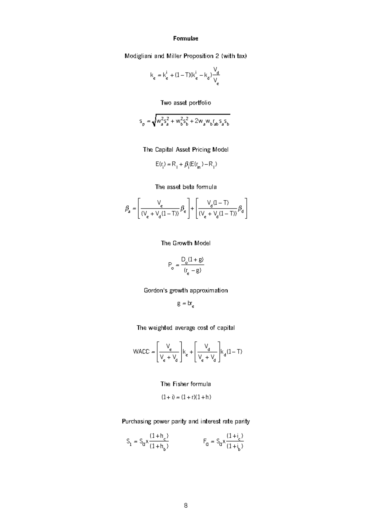 Formula - 8 Formulae Modigliani and Miller Proposition 2 (with tax) Two ...