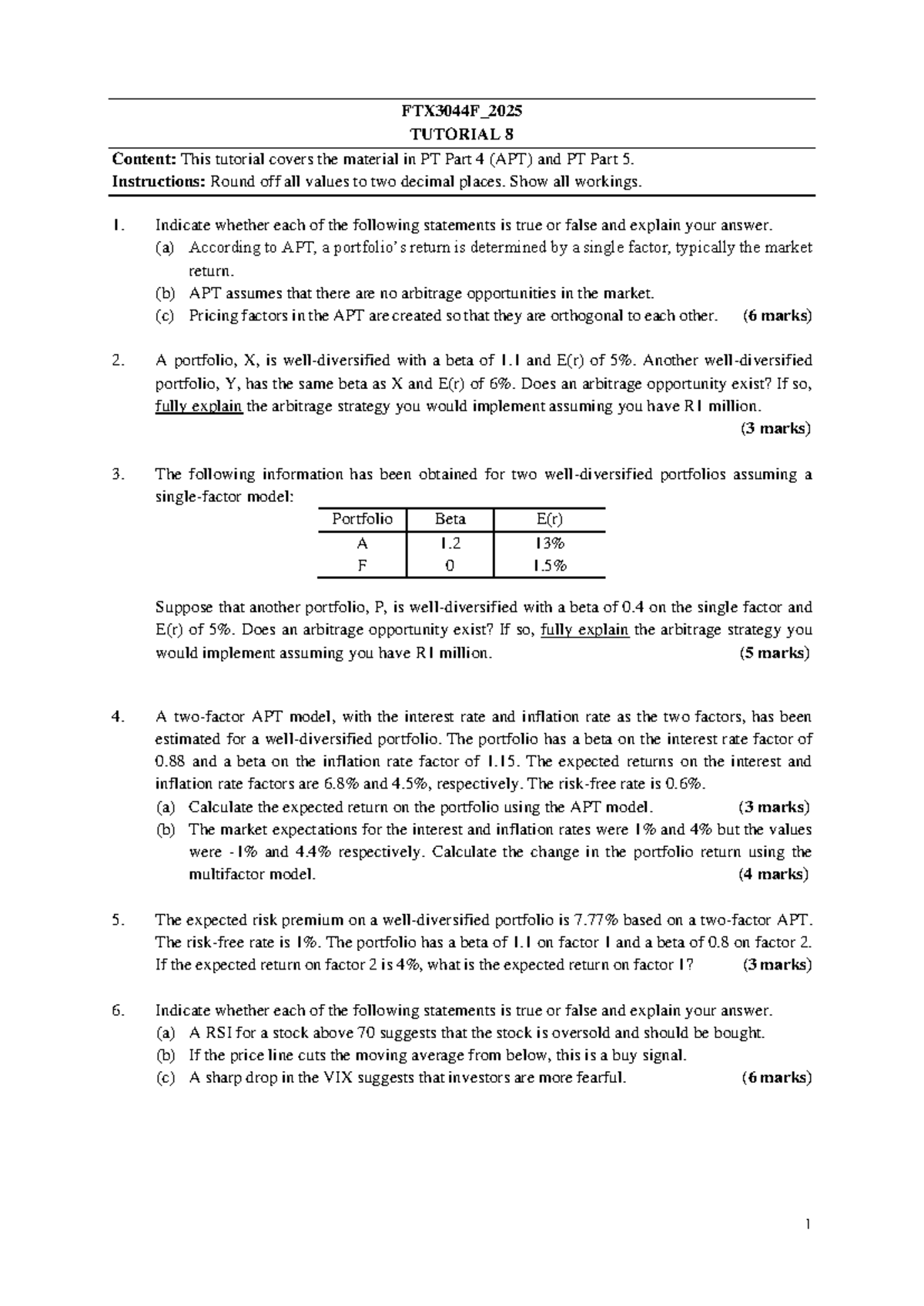 FTX3044F_2025 Tutorial 8: APT Analysis and Arbitrage Strategies - Studocu