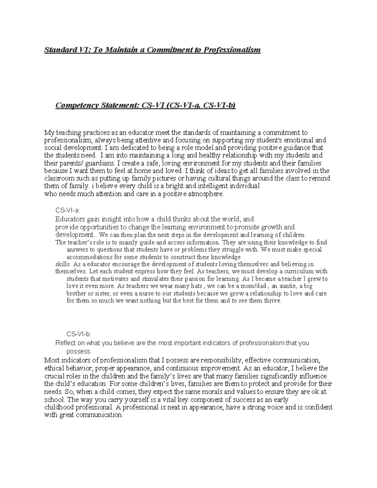 Standard VI: Commitment to Professionalism in Education (CS-VI) - Studocu