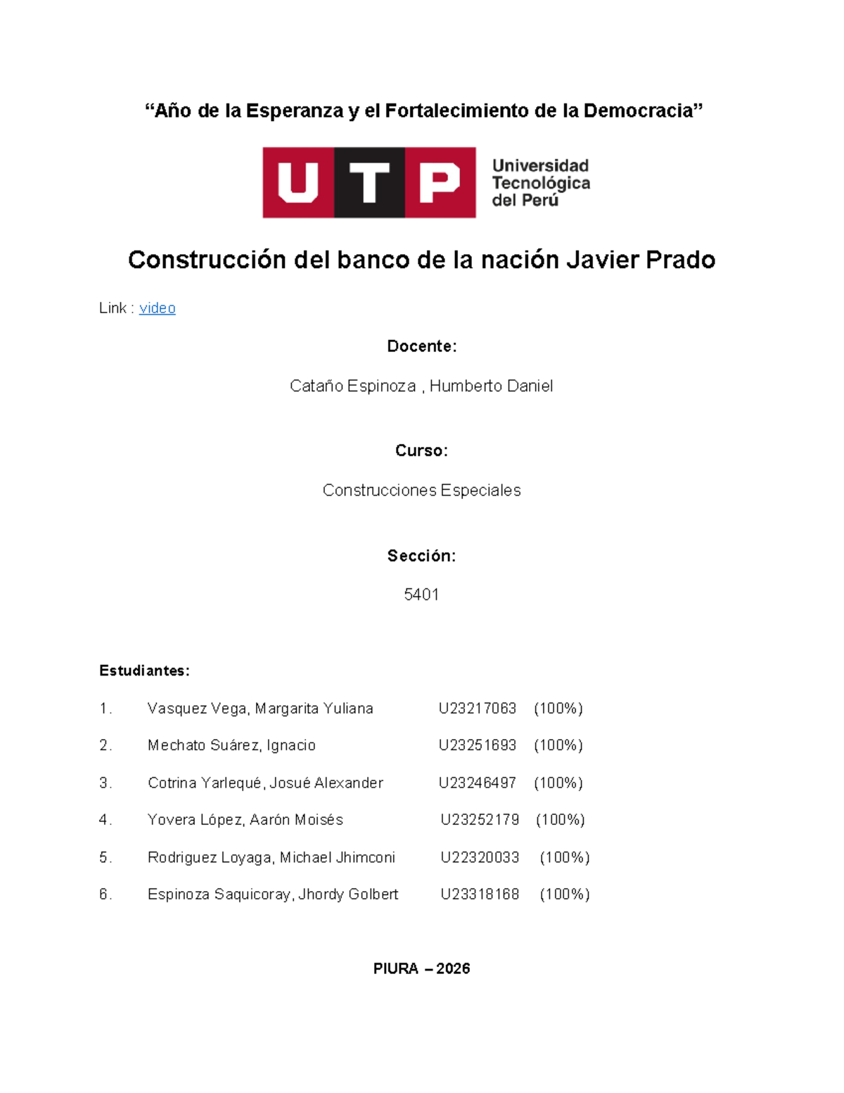 Proyecto Final: Construcción de la Sede del Banco de la Nación - Curso: - Document Preview