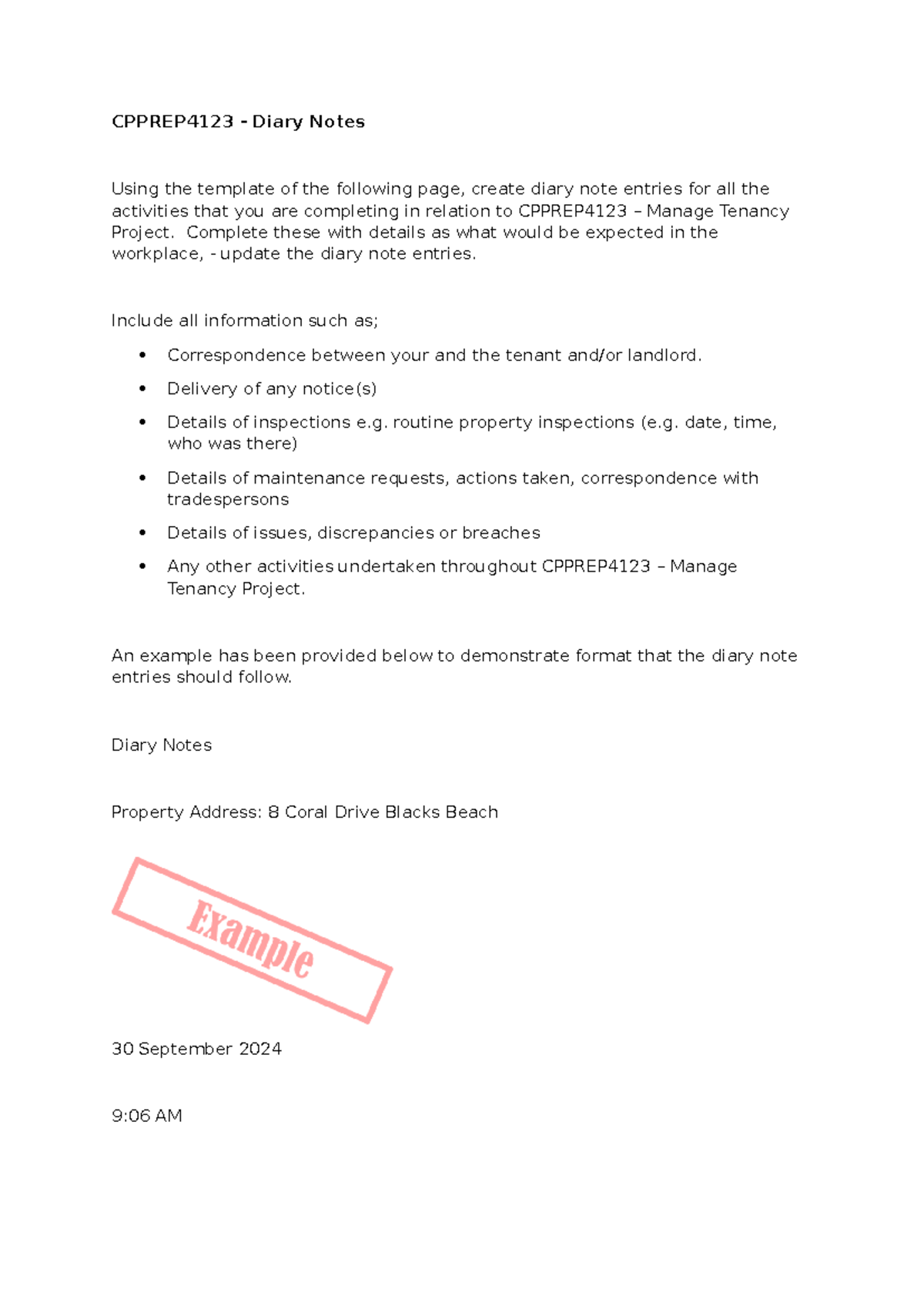 CPPREP 4123 - Diary Notes for Manage Tenancy Project Activities - Studocu