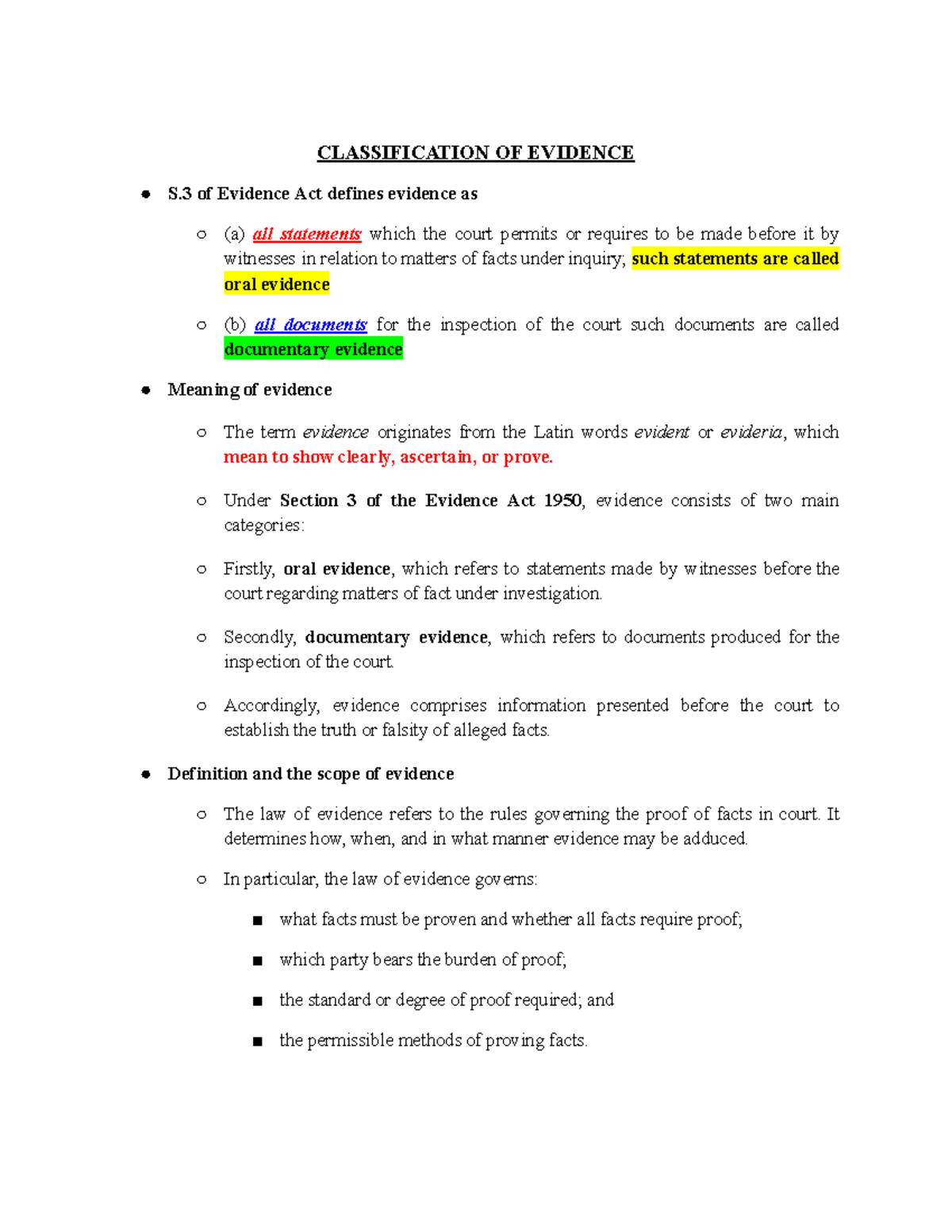 Evidence Lecture Notes: Classification and Application of Evidence Act ...