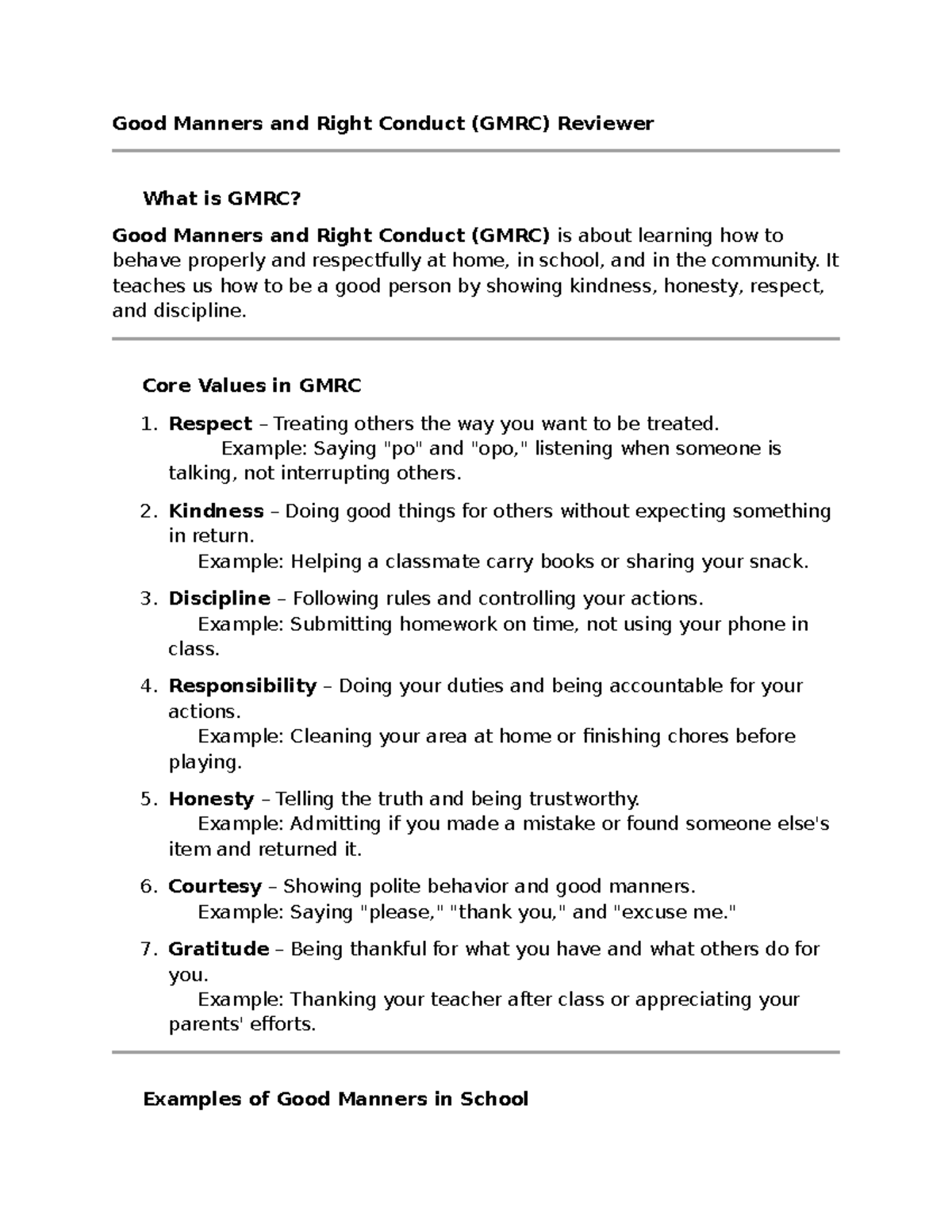 GMRC Final Exam Reviewer: Good Manners and Right Conduct - Studocu
