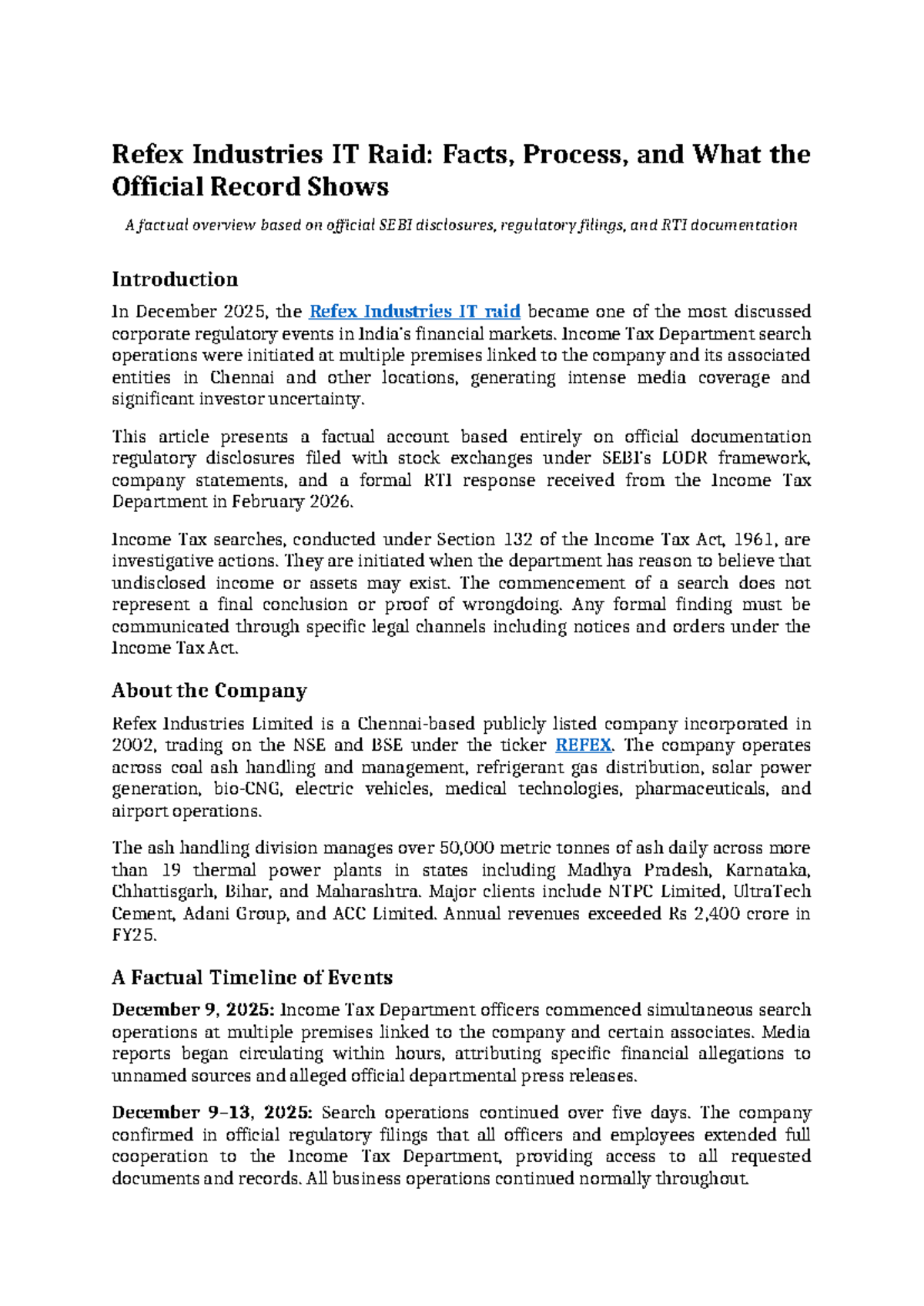 Refex Industries IT Raid: Official Facts and Regulatory Insights - Studocu