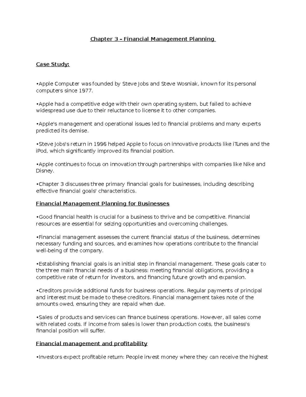 Chapter 3 - Financial Management Planning for Businesses (Case Study ...