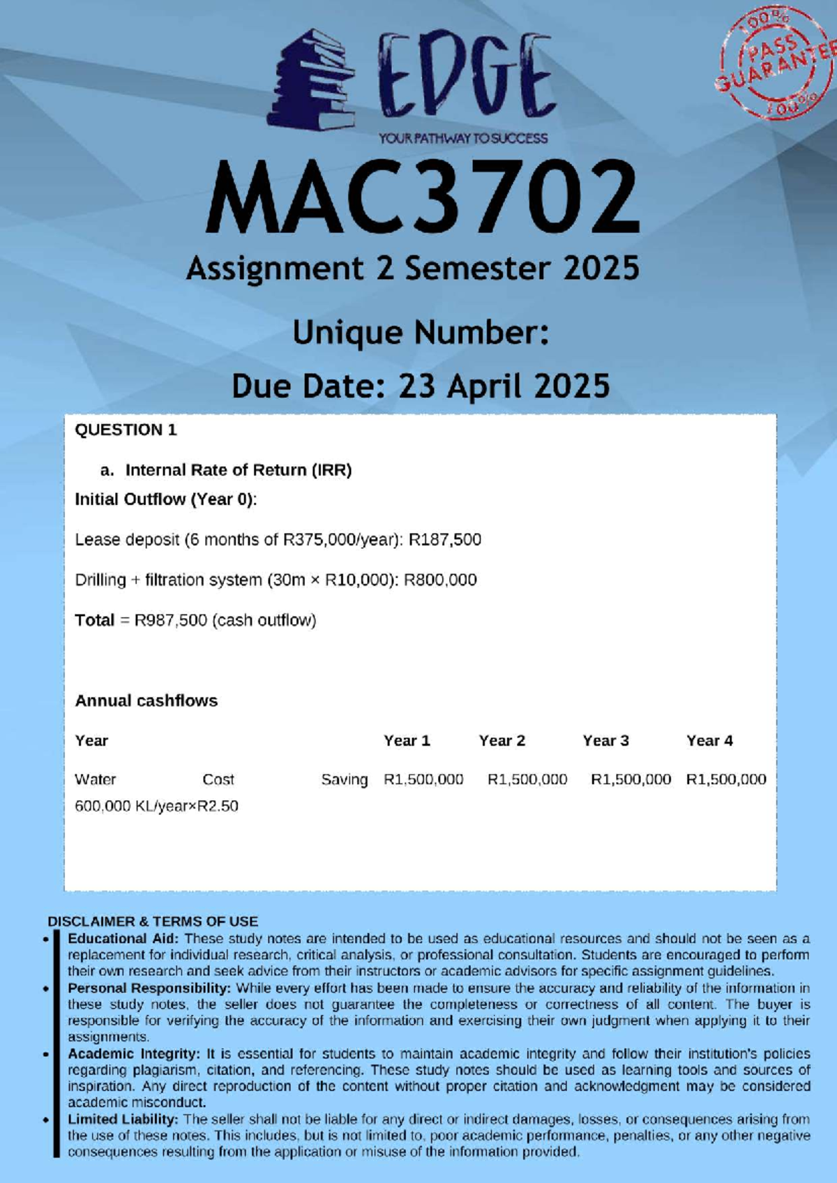 MAC3702 Assignment 2 MEMO Semester 1 2025 - EDGE (PASS Toyou YOUR ...