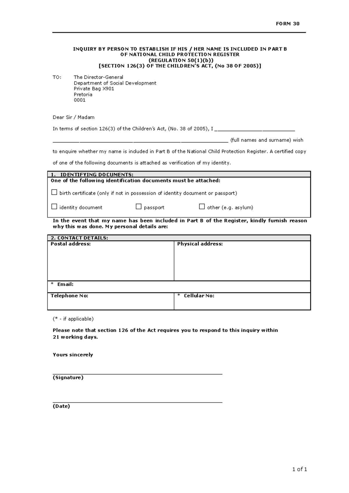Form 30: Inquiry to Verify Inclusion in National Child Protect Register ...