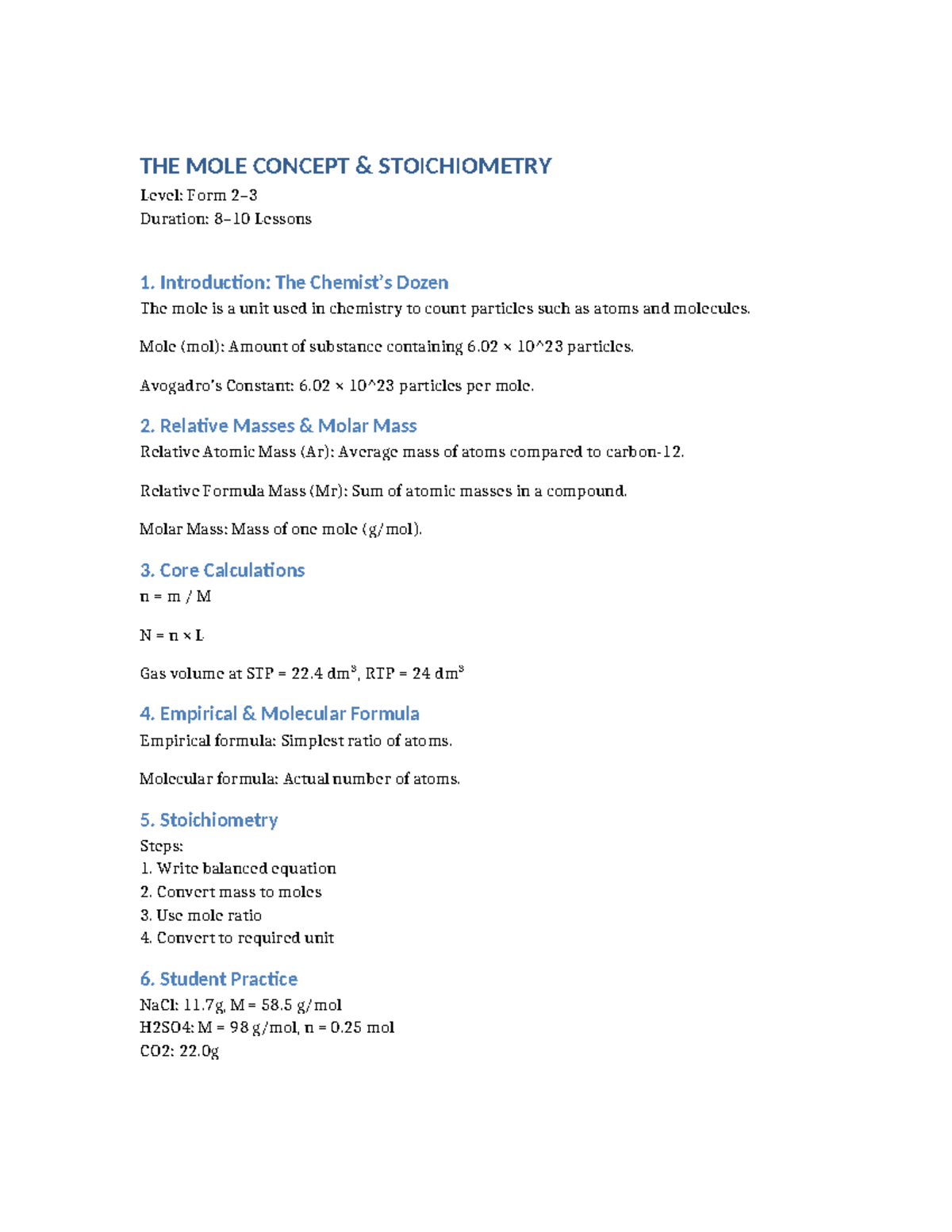 Mole Concept & Stoichiometry Lessons: Key Calculations & Practice - Studocu