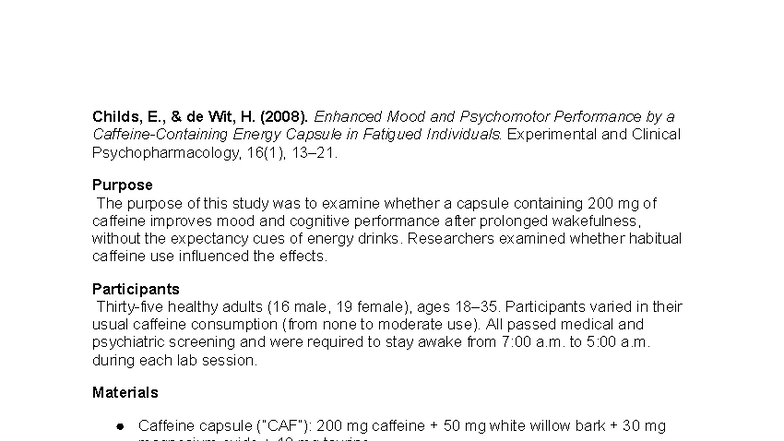CPSY 200: Effects of Caffeine on Mood & Performance in Fatigue - Studocu