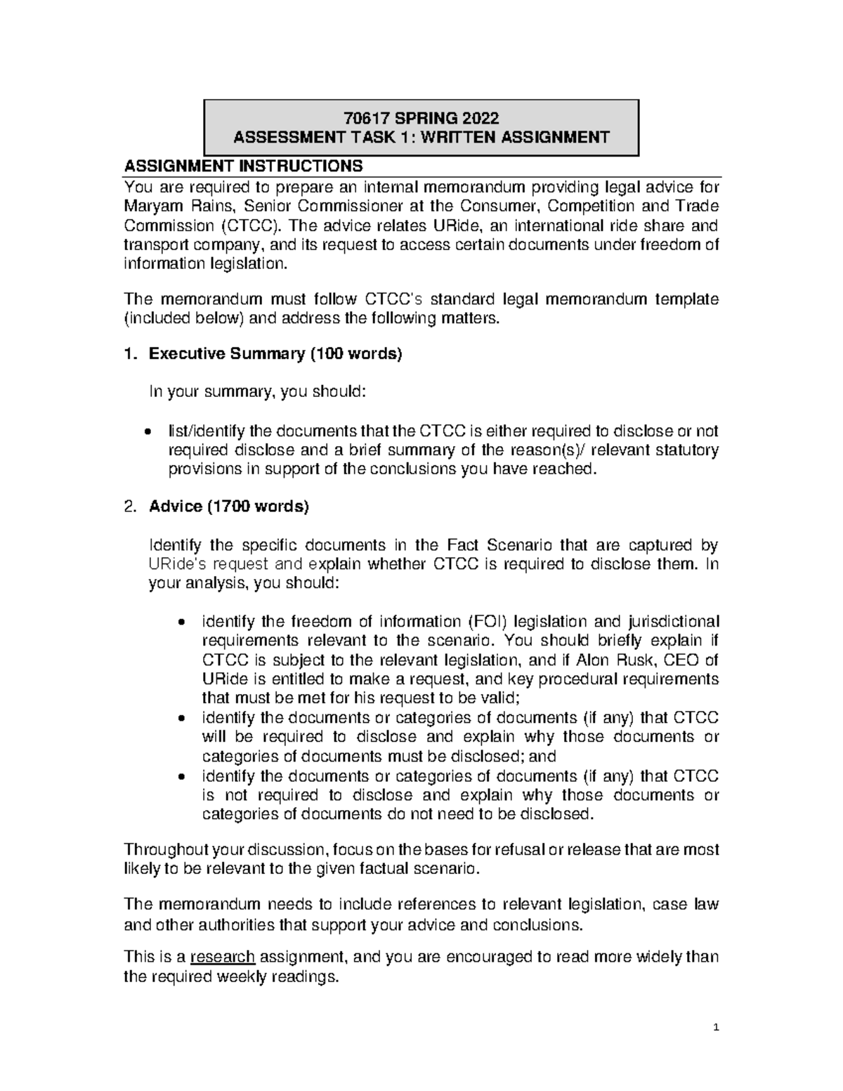 70617 Assessment Task 1 - Assignment and Instructions - 70617 SPRING ...