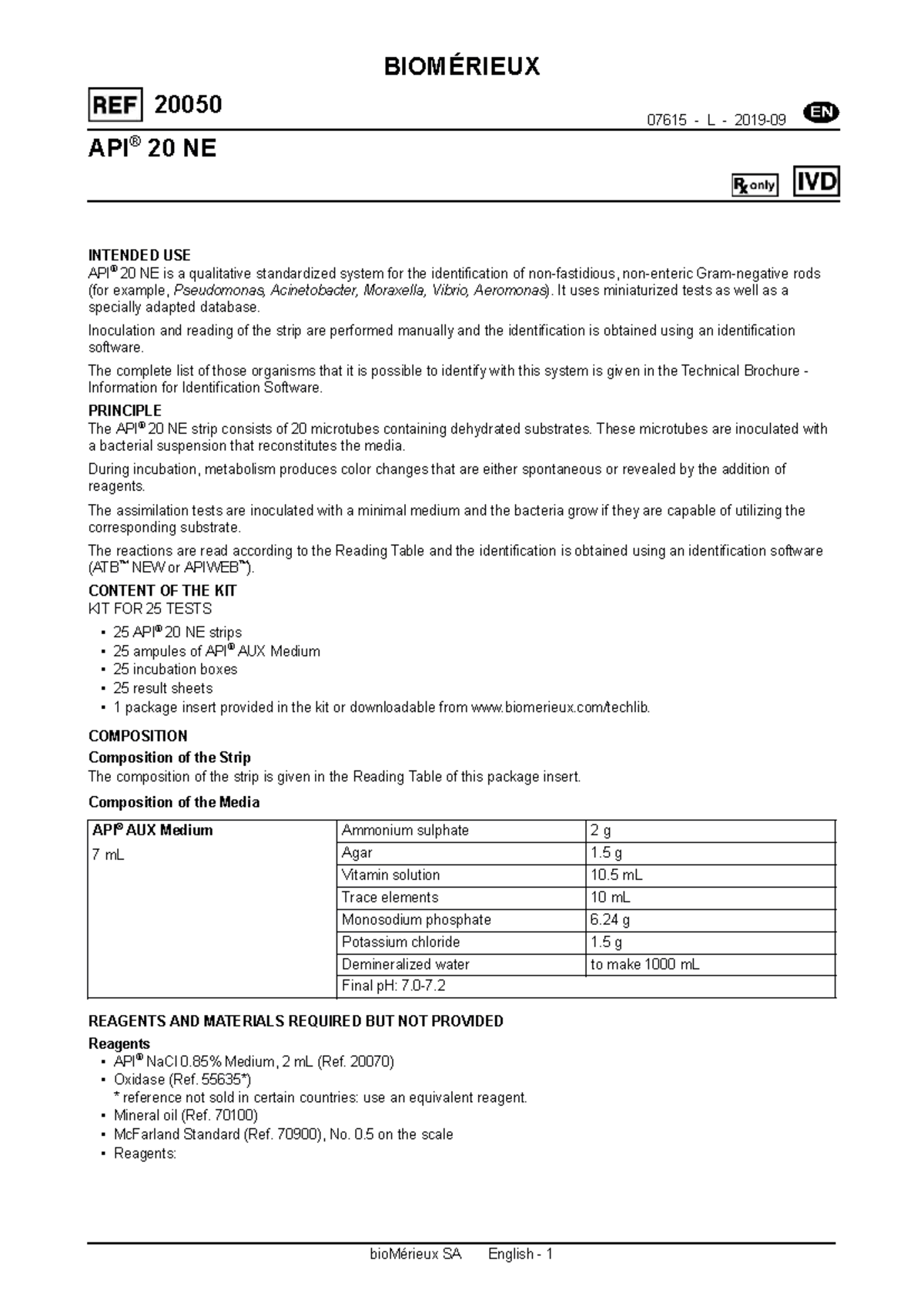 API 20 NE Identification System for Nonfermenting Rods (20050 07615 ...