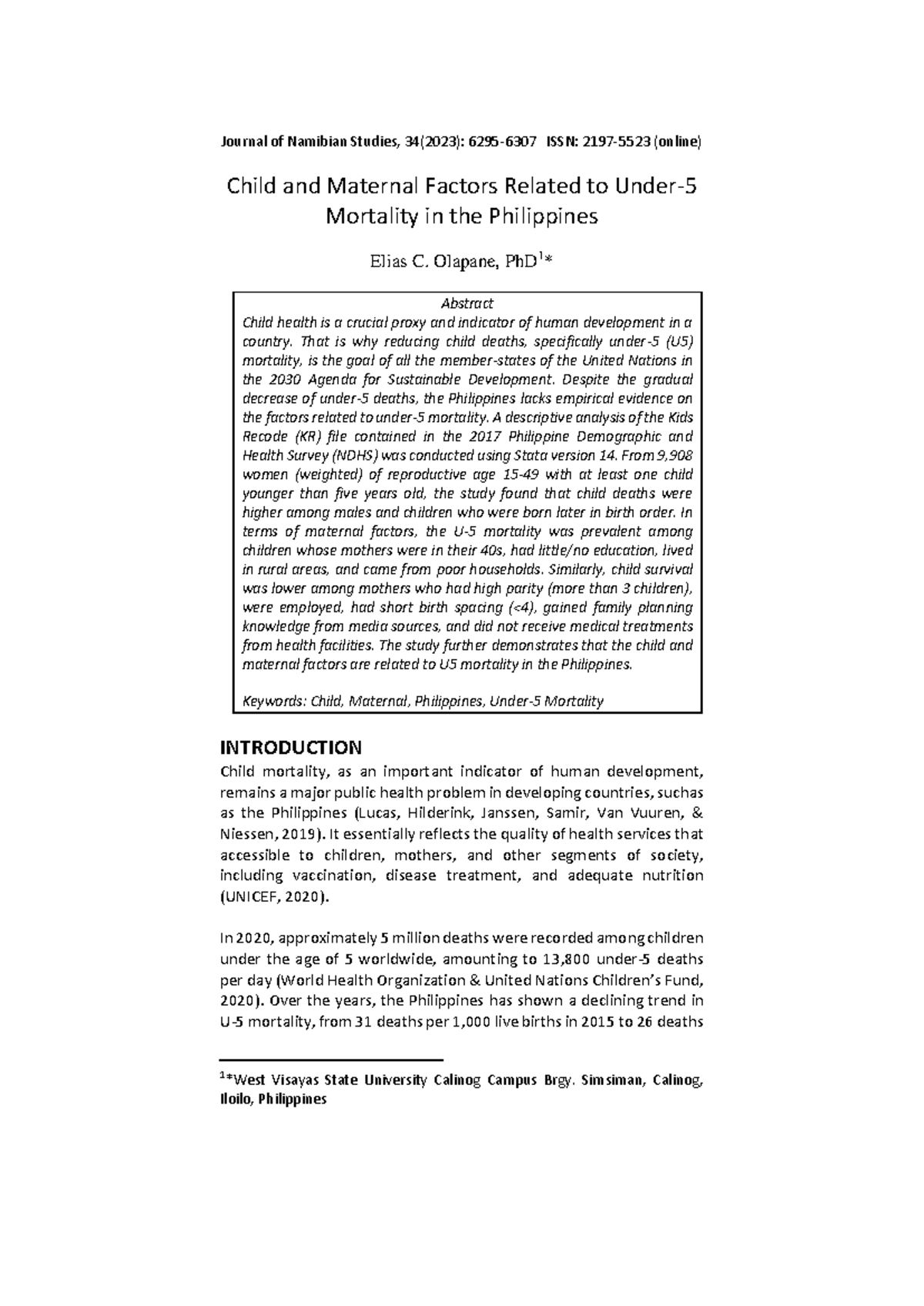 Child and Maternal Factors Influencing U5 Mortality in the Philippines ...