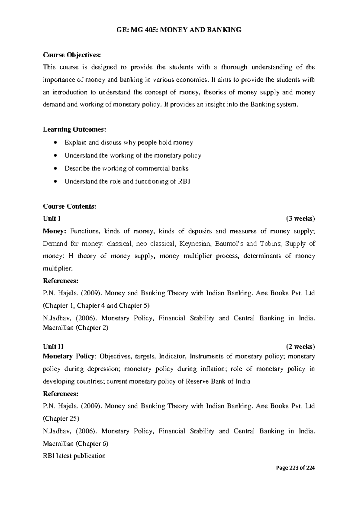 MG 405: Money and Banking Course Overview and Learning Outcomes - Studocu