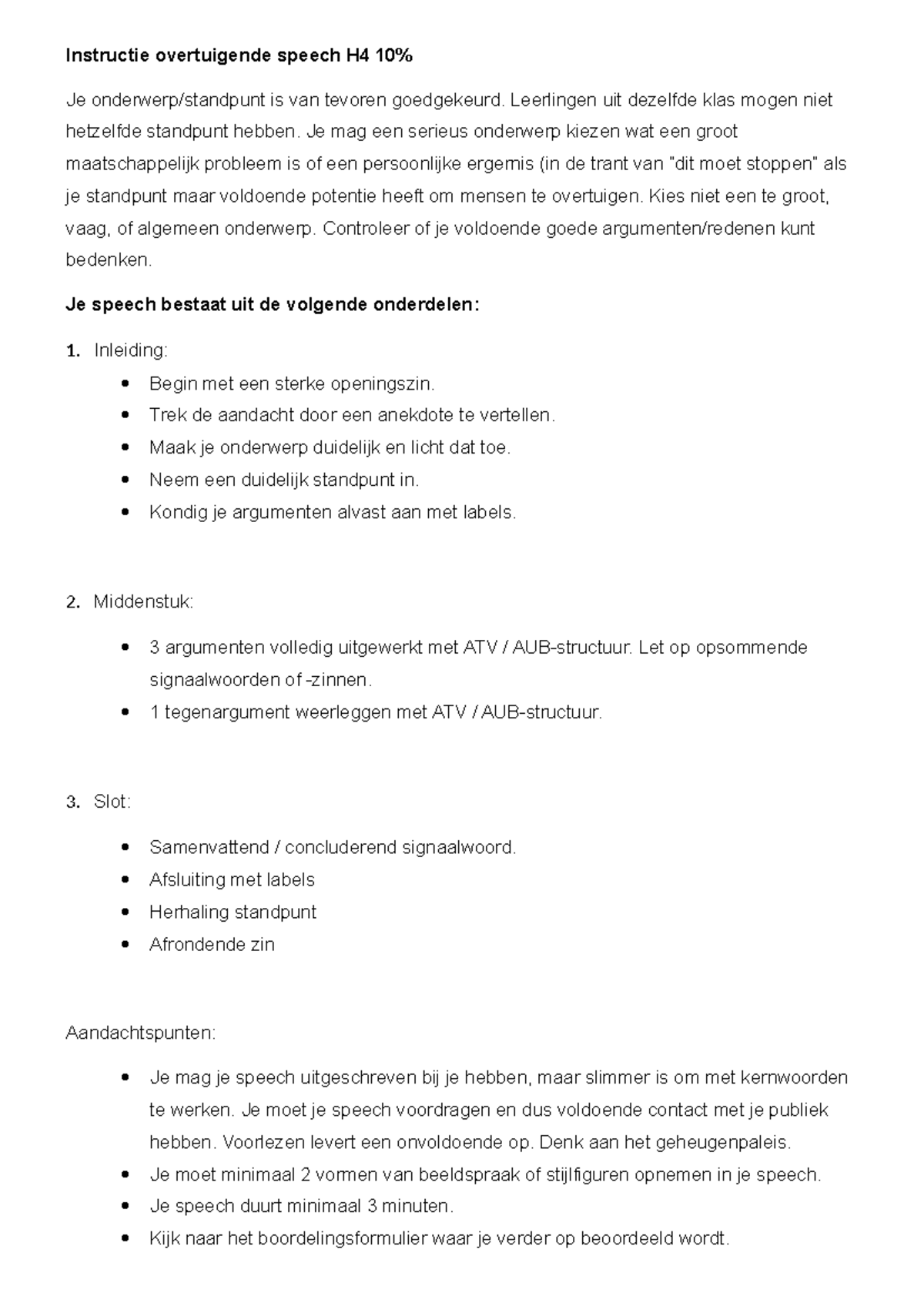 Instructie en Beoordeling Overtuigende Speech H4 - Studeersnel