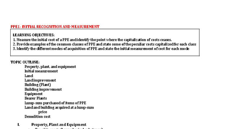 PPE1 Initial Recognition and Measurement Overview - Studocu