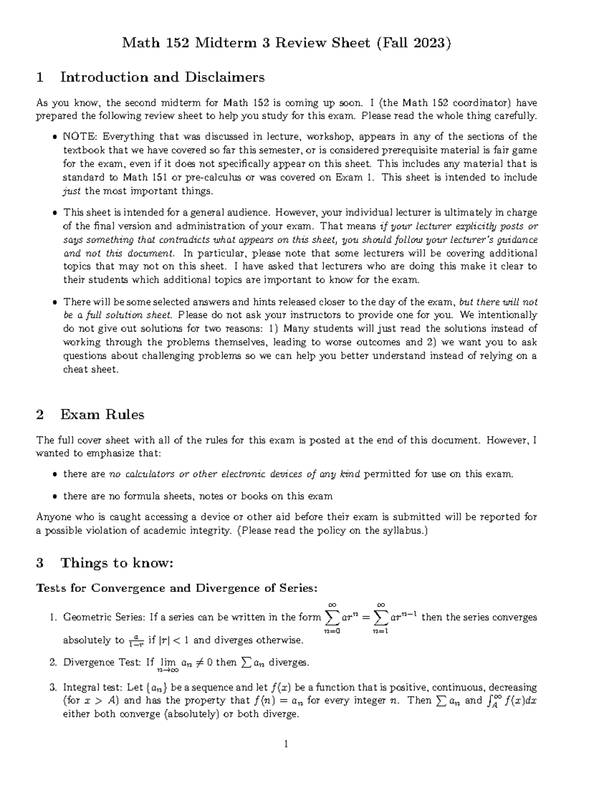 Math 152 Midterm 3 Review Sheet - Key Topics & Guidelines (Fall 2023 ...
