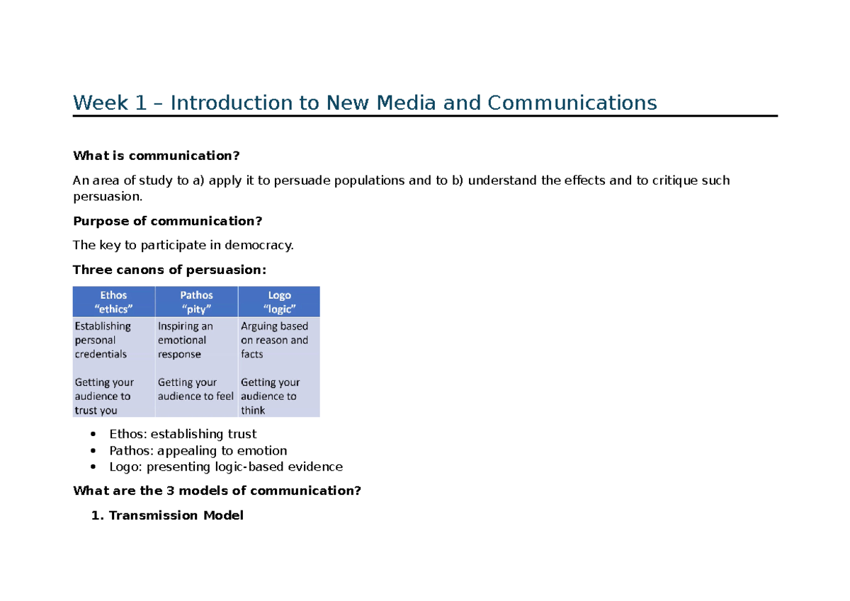 Week 1 Notes - Week 1 – Introduction to New Media and Communications ...