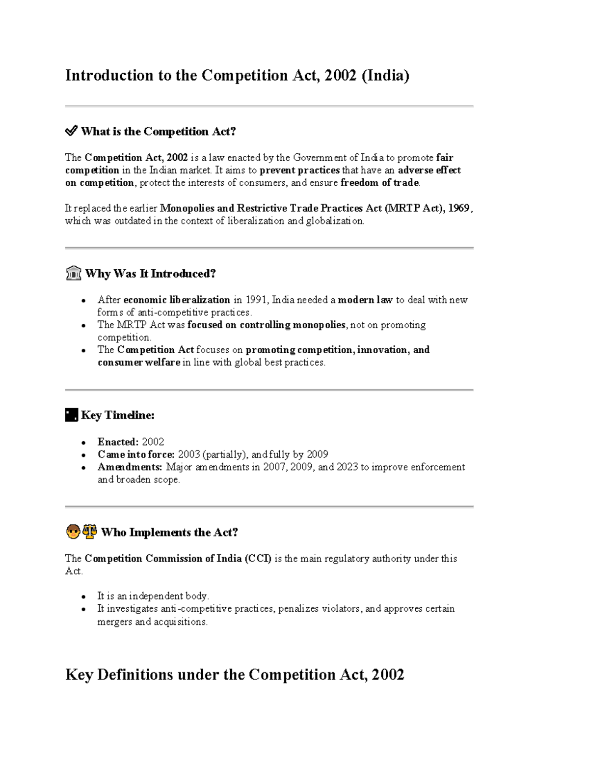 Competition Act, 2002 - Comprehensive Study Notes - Studocu