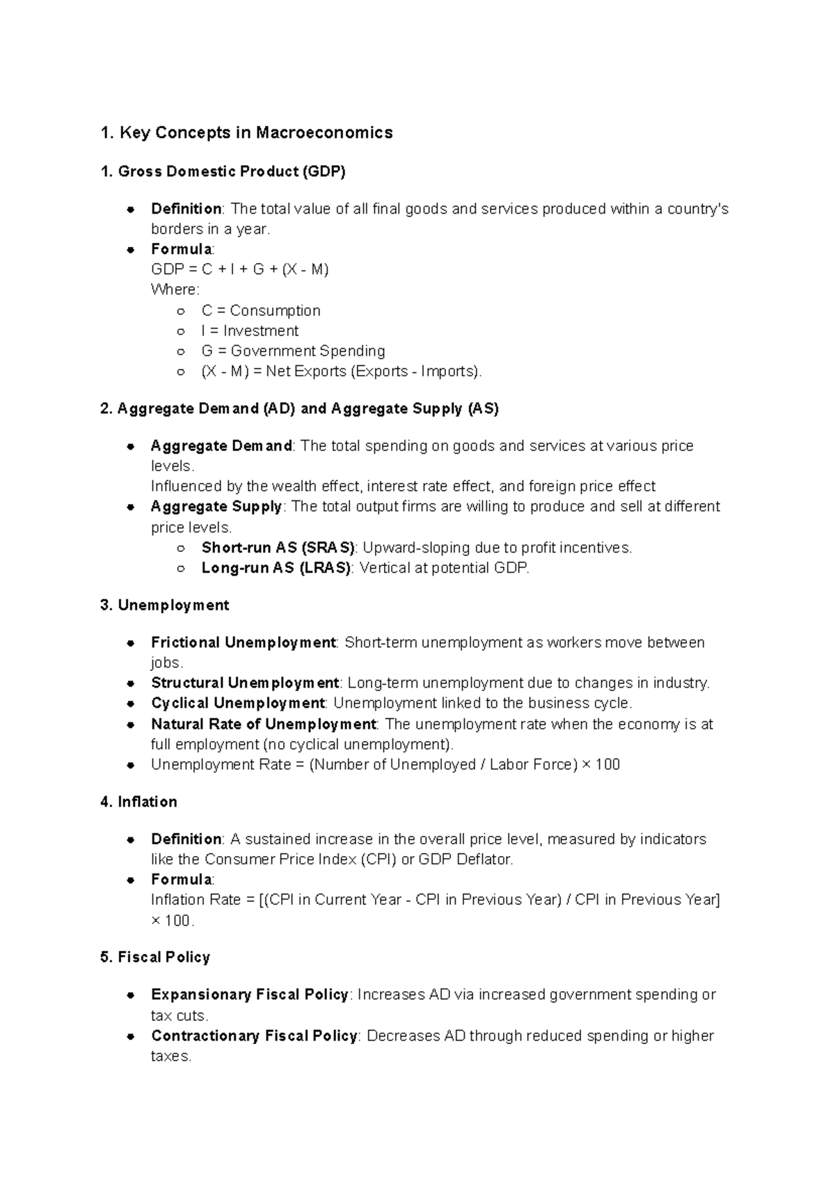Macroeconomics Key Concepts Overview: GDP, AD, AS, and More - Studocu