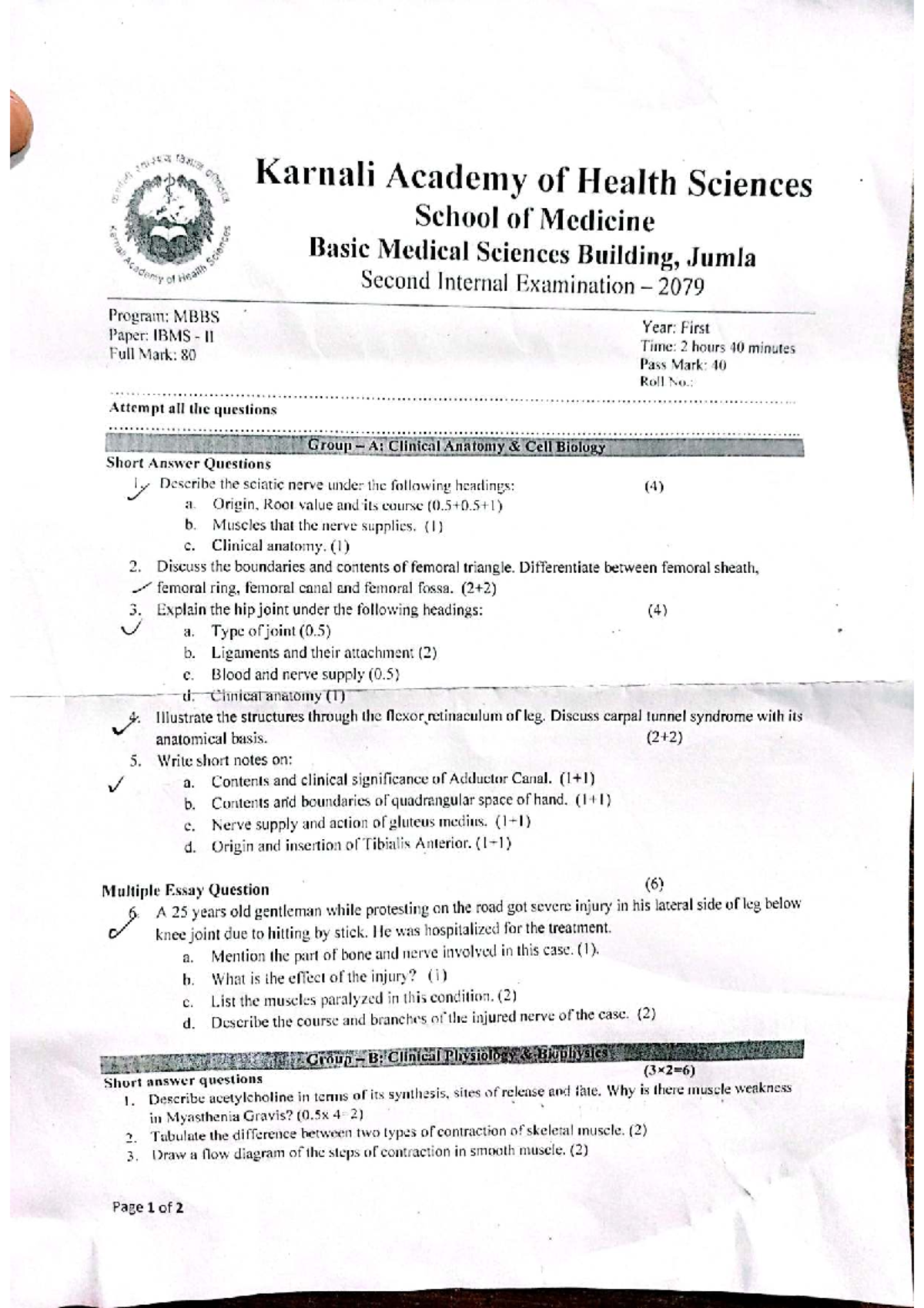 Final Examination 2079: MBBS Year 1 - IBMS II Notes - Studocu