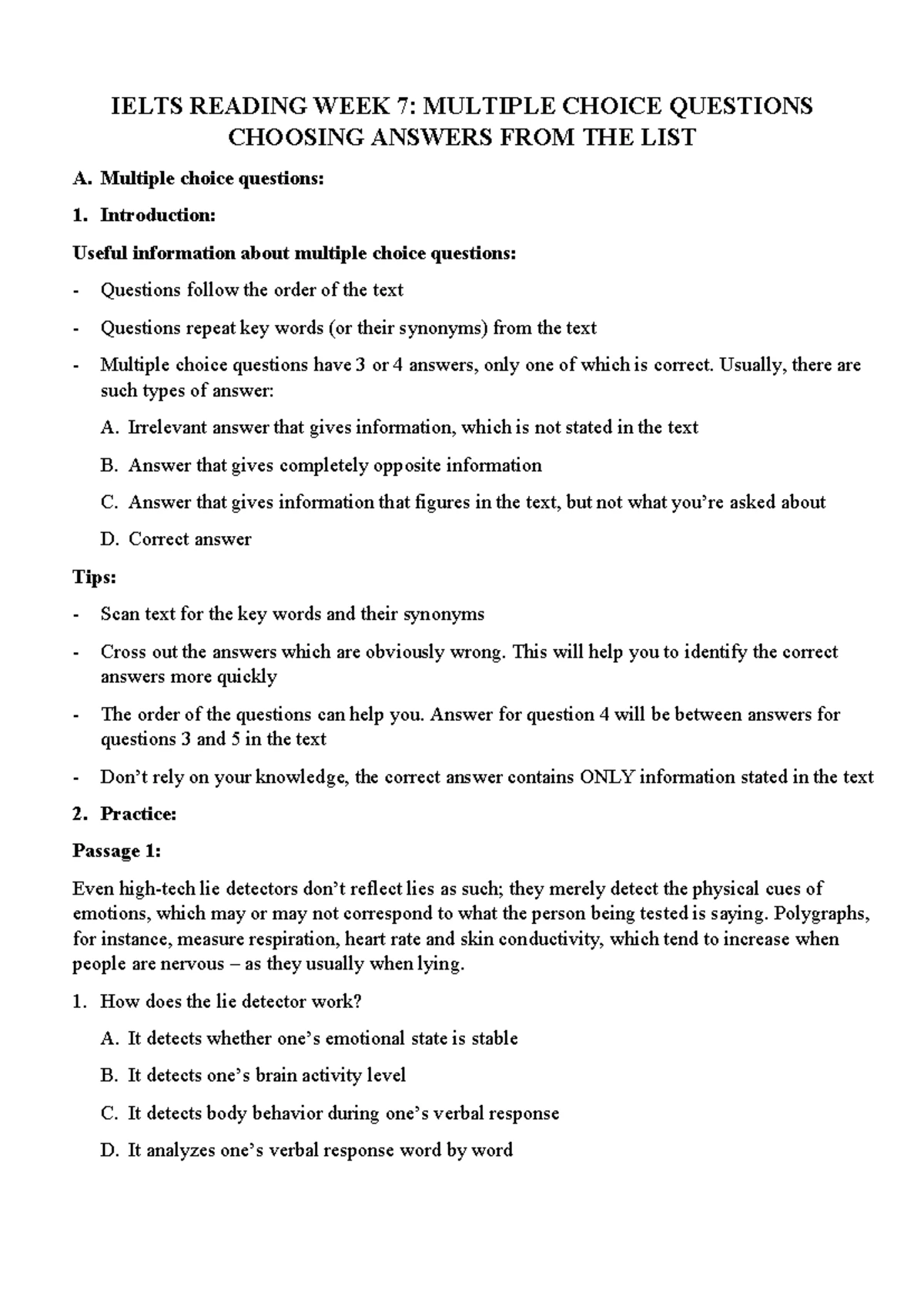 IELTS READING WEEK 7: MASTERING MULTIPLE CHOICE QUESTIONS - Studocu