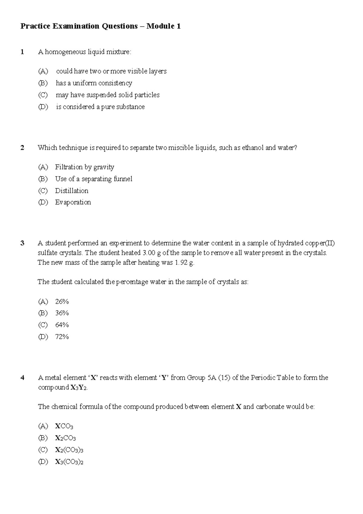 Practice Exam Questions - Chemistry 101 Module 1 - Studocu