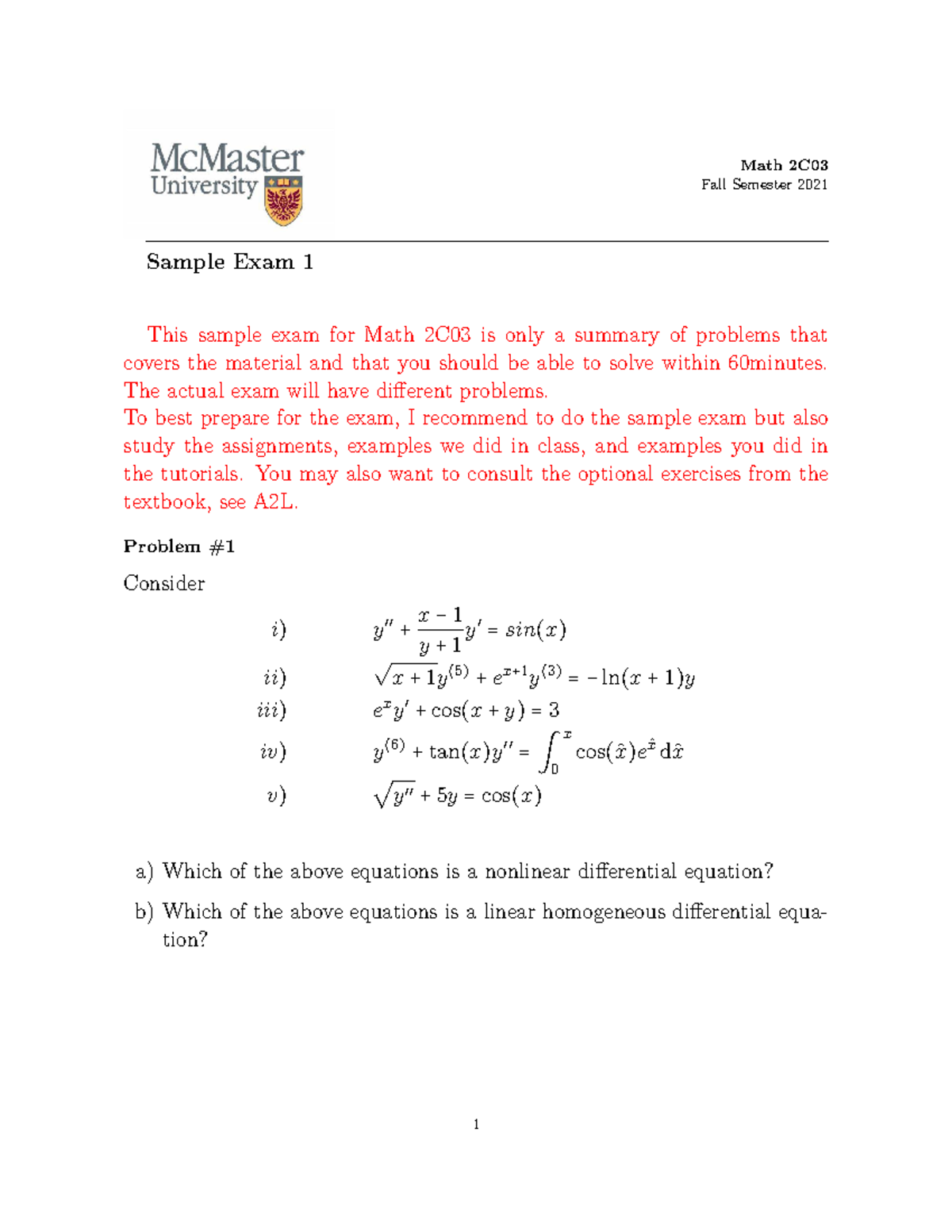 Math 2C03 Midterm Sample Exam Problems and Solutions Guide - Studocu