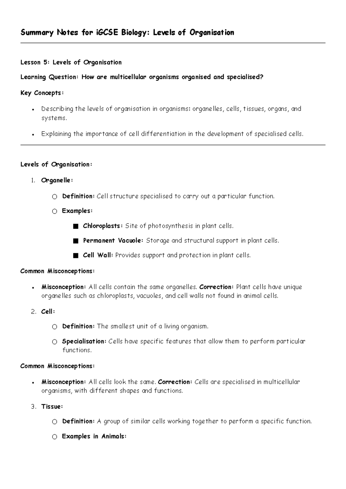 iGCSE Biology Summary: Levels of Organisation & Cell Differentiation ...