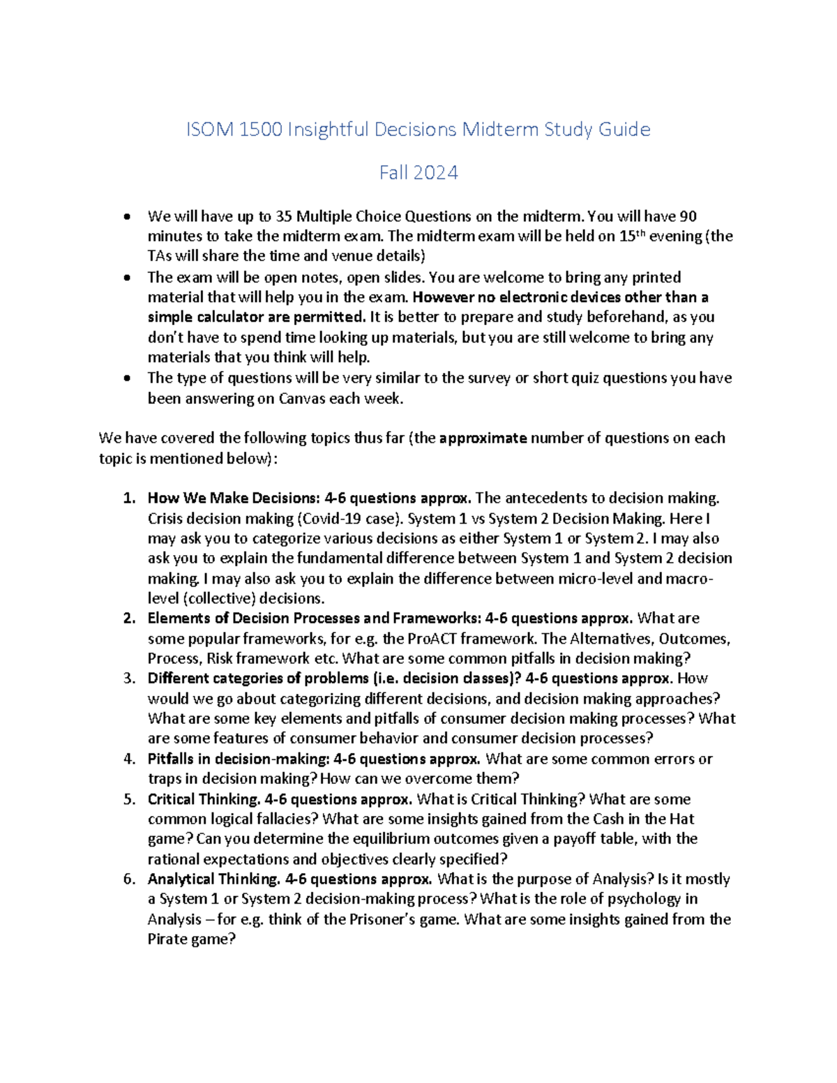 ISOM 1500 Fall 2024 Midterm Exam Study Guide & Key Topics - Studocu