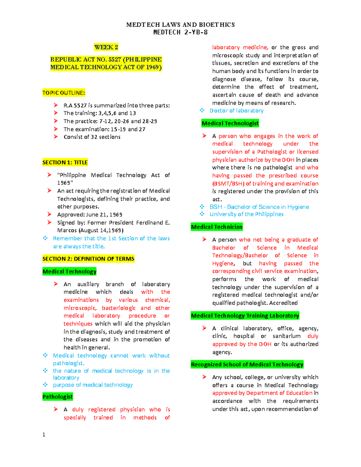 MEDTECH LAWS AND BIOETHICS MTLB PRELIM-FINALS SUMMARY OF R.A. 5527 ...